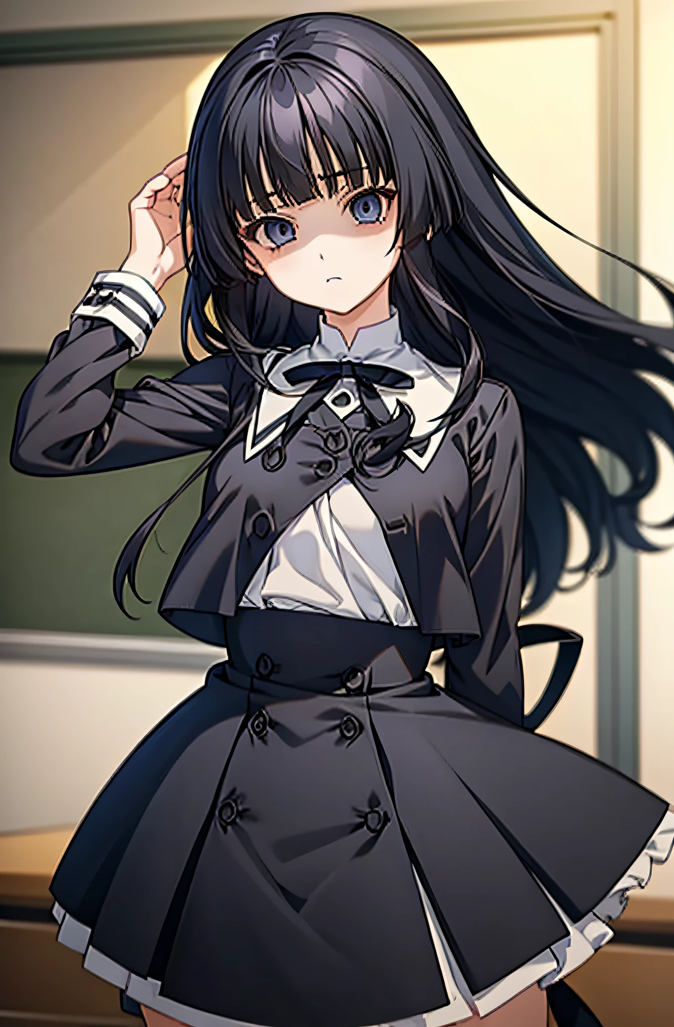 solo, (((anime girl with straight black hair))), (((straight hair))), ((hair covering eyes)), ((flat bangs)), (blank blue eyes), (((neutral face))), ((blank facial expression)), (((flat chest))), school uniform, skirt, shadows over eyes, ((classroom in background)), ((high quality)), (extremely detailed)