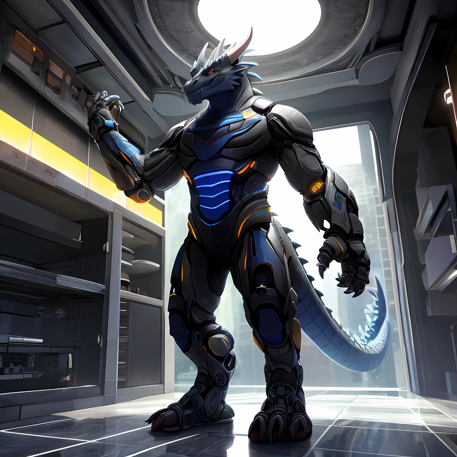 An advanced bionic mech, cybrog, anthro, dragon, male, full body, Delicate face, Delicate eyes, 1 tail, (glowing LED), energy, digitigrade,Standing on the tiles in the apartment， extremely detailed CG unity 8k wallpaper, realistic, masterpiece, highest quality, lens flare, unreal engine, trending on ArtStation, Intricate, High Detail, dramatic, realism, Sandals