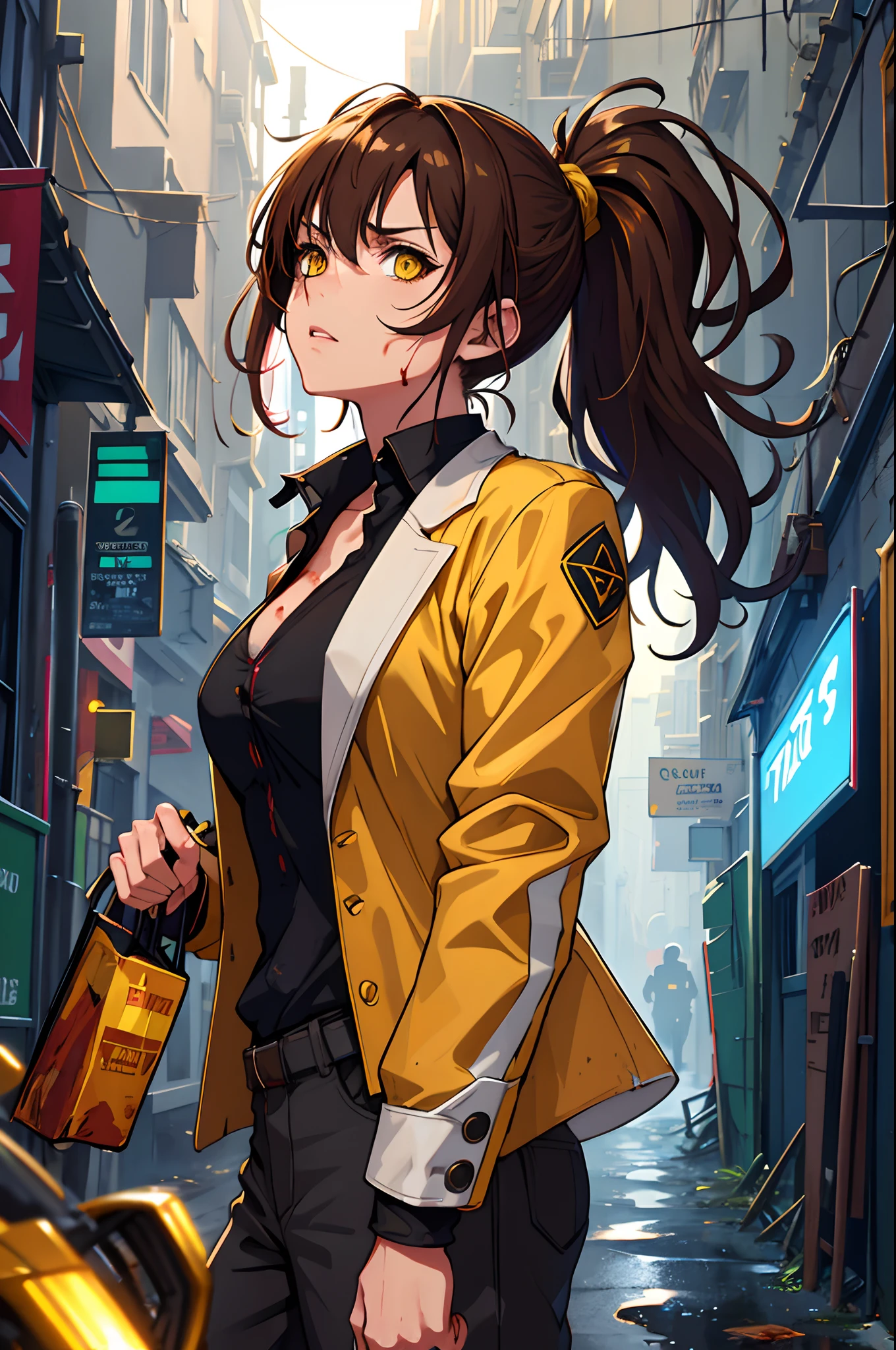 highres, highest quality, illustration,  ultra detailed, (detailed face), (detailed eyes), cinematic lighting, best quality, hyper detailed, masterpiece,1girl, solo, brown hair, long hair, ponytail, yellow eyes, blazer, tired, dirty, muddy, blood, luminous eyes, medium breasts, light rays, (colorful), upper body, looking at viewer, looking serious, alleyway, grey sky, rainy, bent, fighting stance, hands forward, holding fist, ready to fight
