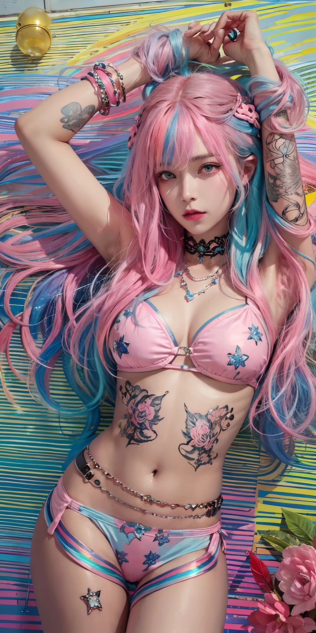 photorealistic, high resolution, soft light,1women, solo, hips up, shining skin, (detailed face),tattoo, jewelry, (rainbow color Hair,colorful hair,half blue and half pink hair:1.2), micro bikini