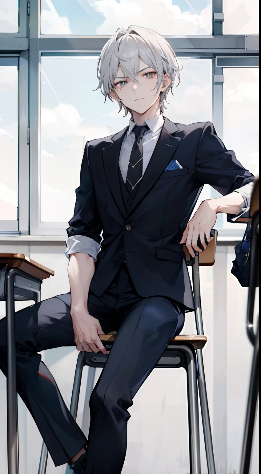"Generate a 4k image of the badass male, with hairstylist gray hair, gray eyes, arrogantly, sitting in the classroom, wearing a high school cloth."