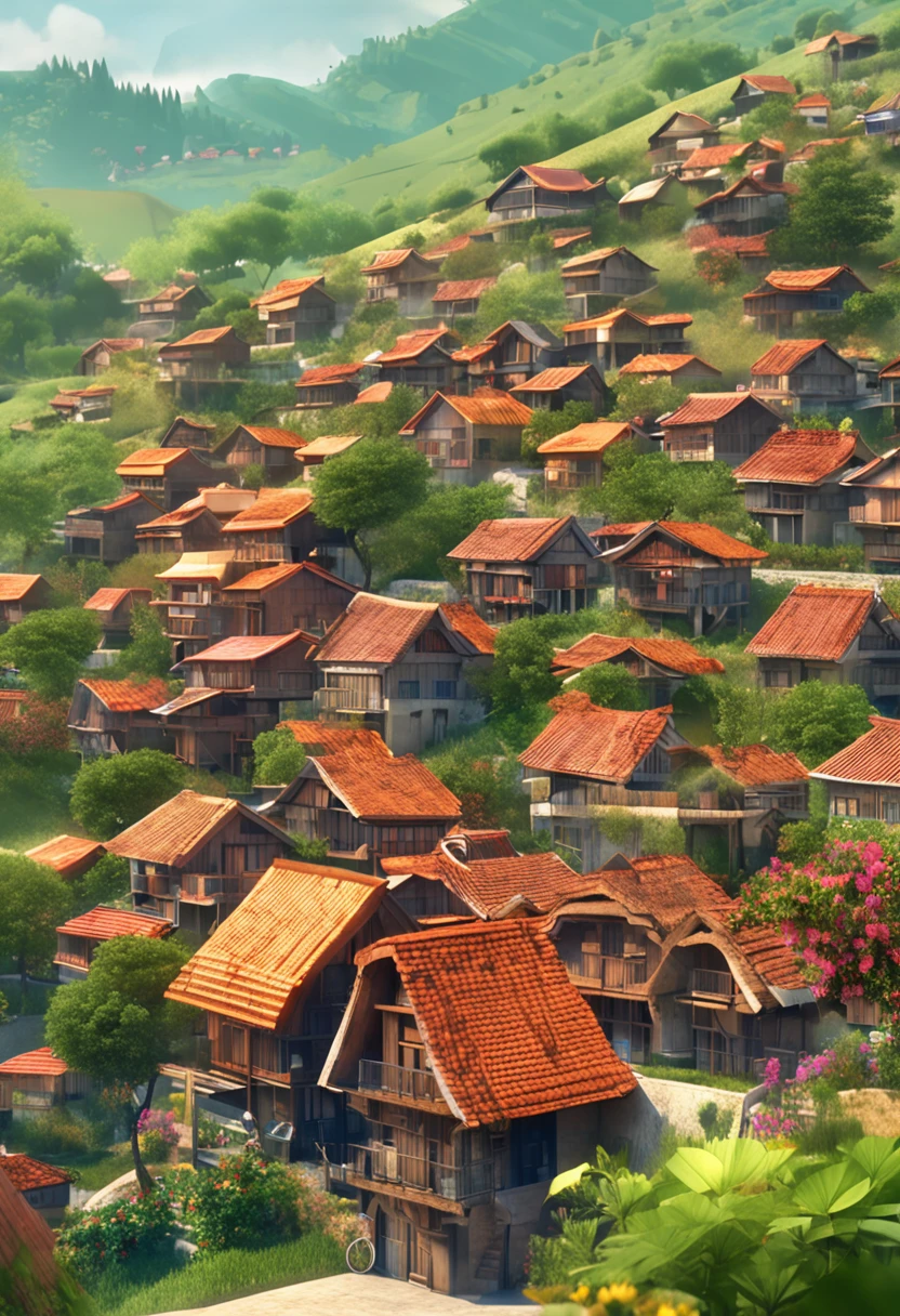 "Generate an enchanting scene of a peaceful village nestled among lush green hills. The image should feature quaint wooden houses, each with its own unique architecture, lined up along narrow cobbled streets. The morning sunlight bathes the village with a soft golden glow, creating sparkling reflections on windows and roofs. A gentle breeze carries the distinct scent of pine trees, filling the air with a sense of freshness and serenity. The setting should convey a sense of peace and seclusion where residents live their day in a peaceful and harmonious way."