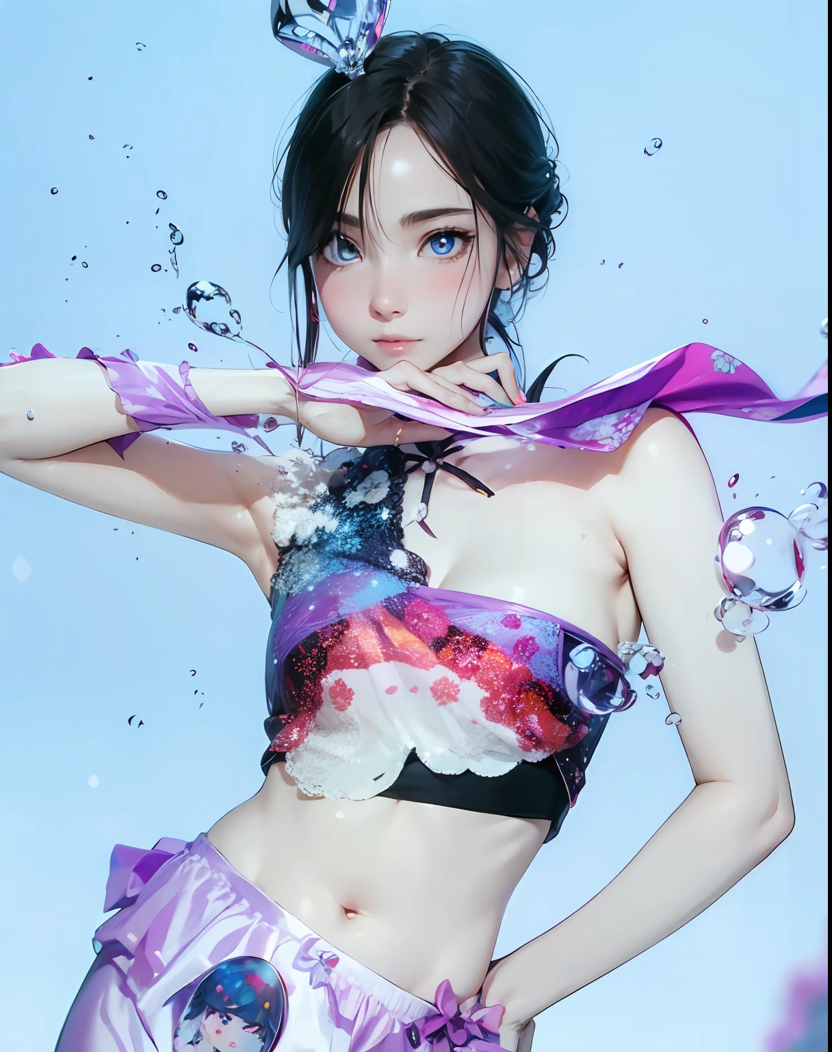 ((bath)), ((swimsuit)), ((from above), (bust photo)), ((head wearing flowers)), ((colored hair)), ((raining)), ((eating watermelon)), ((balloon)), (dynamic angle)), (escort girl), outdoors, in a tea tree field, bare shoulders, windy, pink clothes