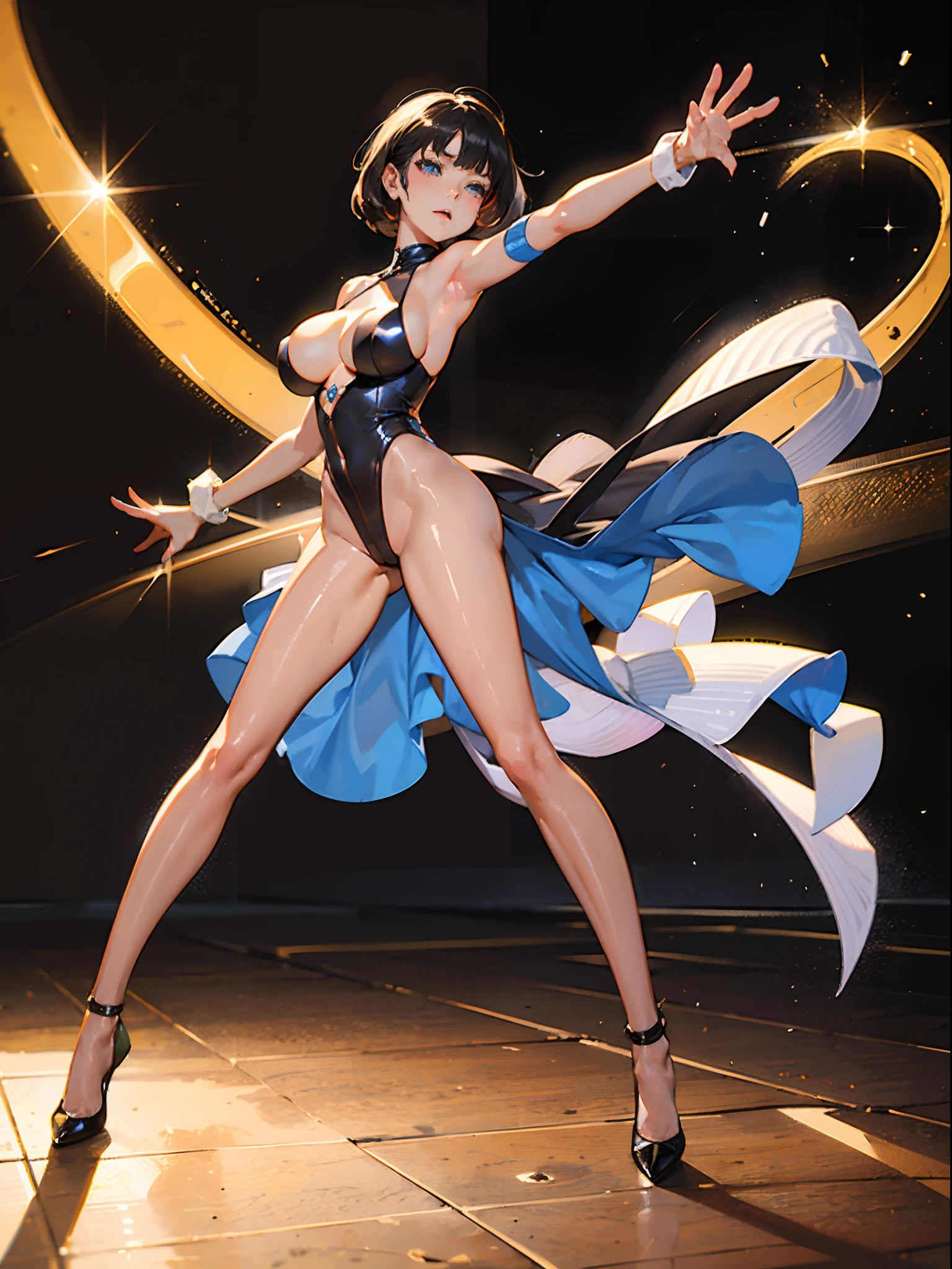 one-girl,(Solo:1.4),Blend polygons,short detailed hair,Solo,Pretty big breasts,Pose for photos in colorful tights and stockings, Levitin jumpsuit, Wear colored tights, Wear colored latex clothing, full body shot of, tight attire, full bodyesbian! Pretty face。Cinema lenses,Global light,Ambiguous scenes。