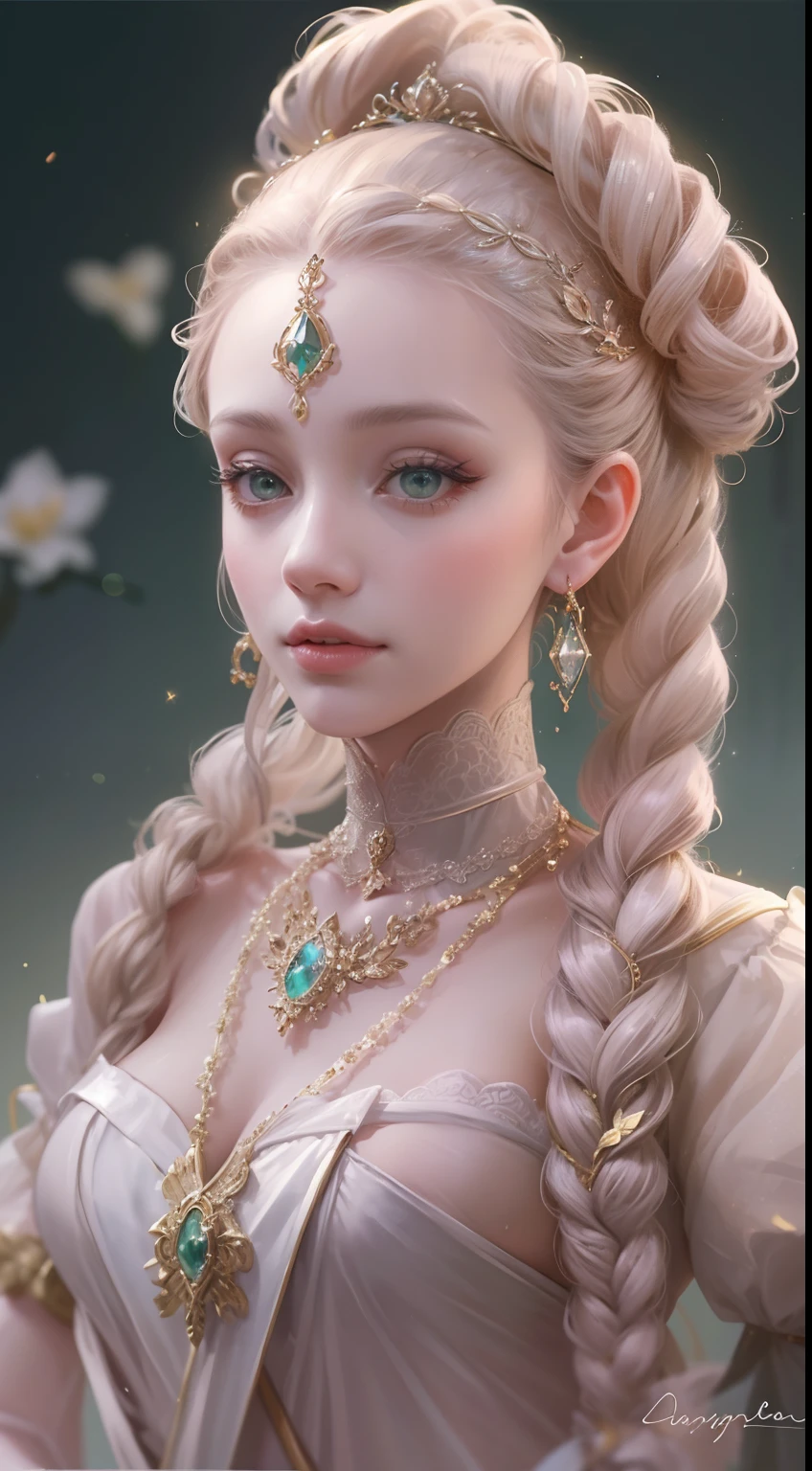 tmasterpiece，Highest high resolution，Beautiful bust of a noble lady，Delicate pink braided hair，Green clear eyes，The hair is covered with beautiful and delicate floral craftsmanship, Crystal jewelry filigree，Ultra-detailed details，upscaled。Soft lighting