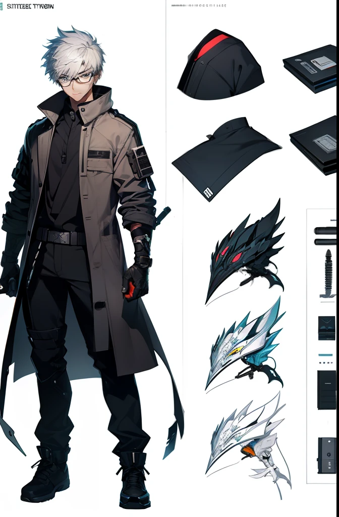 1boy, white hair, blue eye, wear glasses, wear student uniform, prosthetic arm, Game art design sheet, Ink drawing line art,