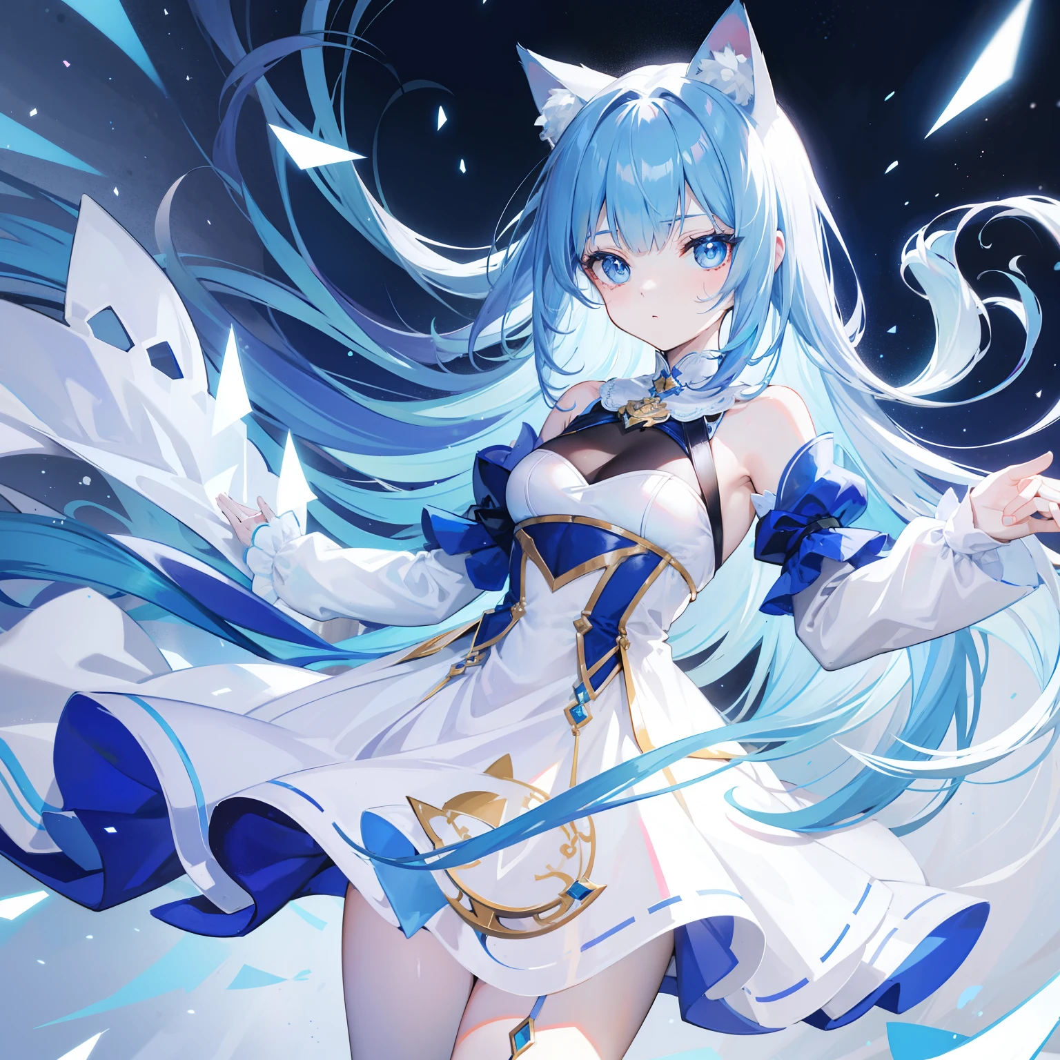 Detector feminization，whaite hair，blue color eyes，white dresses，cat ear
