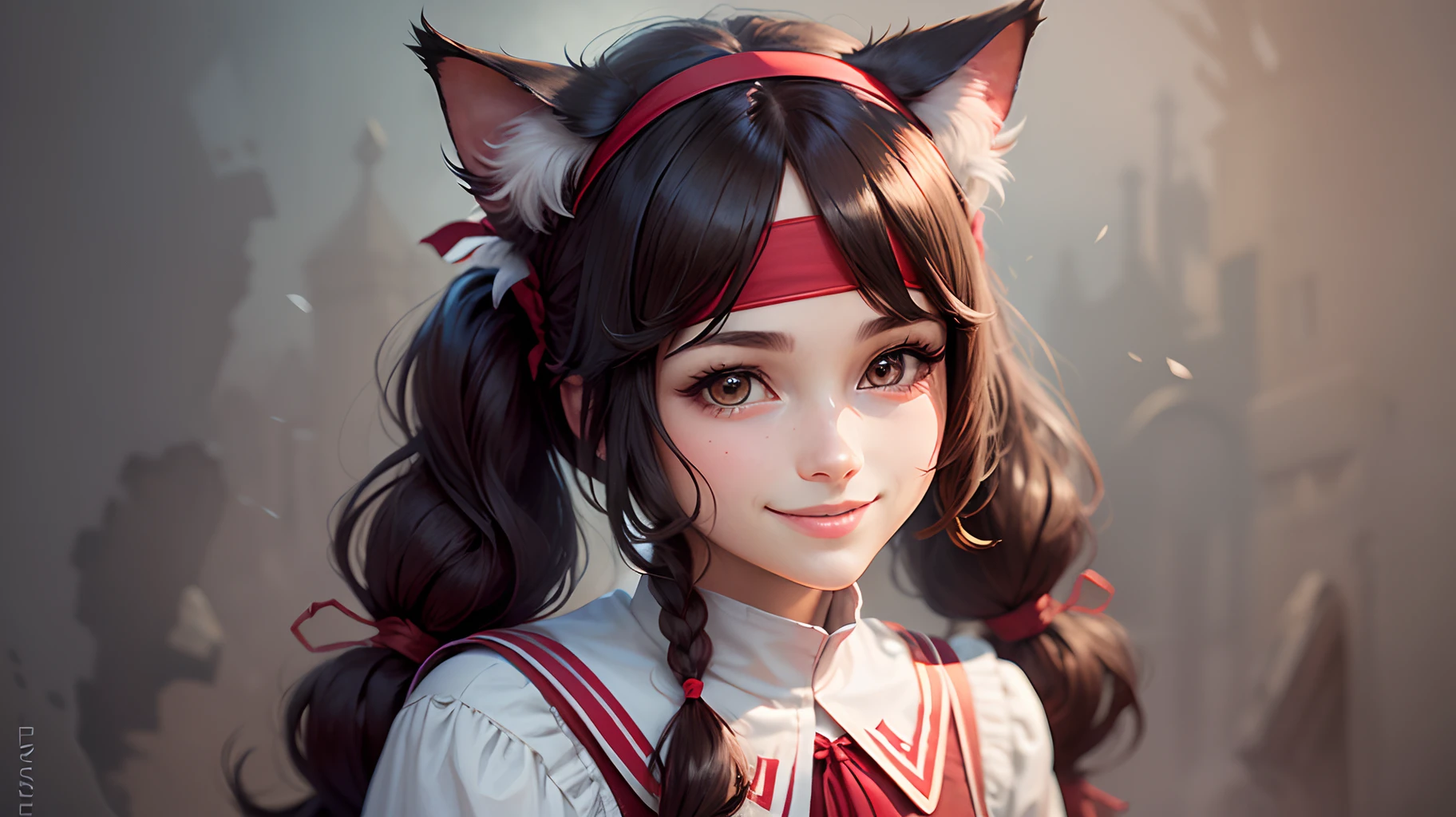 female character, cat ears, pigtail hair, dark brown hair, (((red headband))), classic pink and white clerical outfit, sweet smile, thin, d&d style --auto --s2