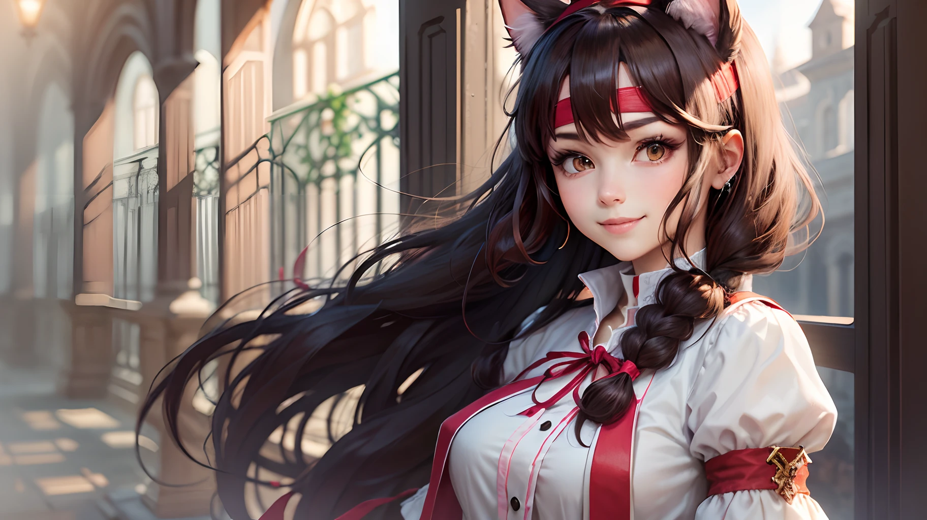 female character, cat ears, pigtail hair, dark brown hair, (((red headband))), classic pink and white clerical outfit, sweet smile, thin, d&d style --auto --s2