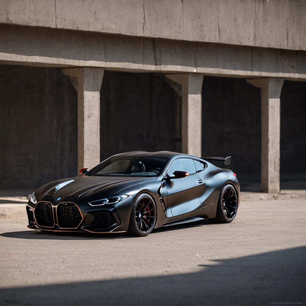 Basement park with parking BMW m8 futuristic black tuning parts