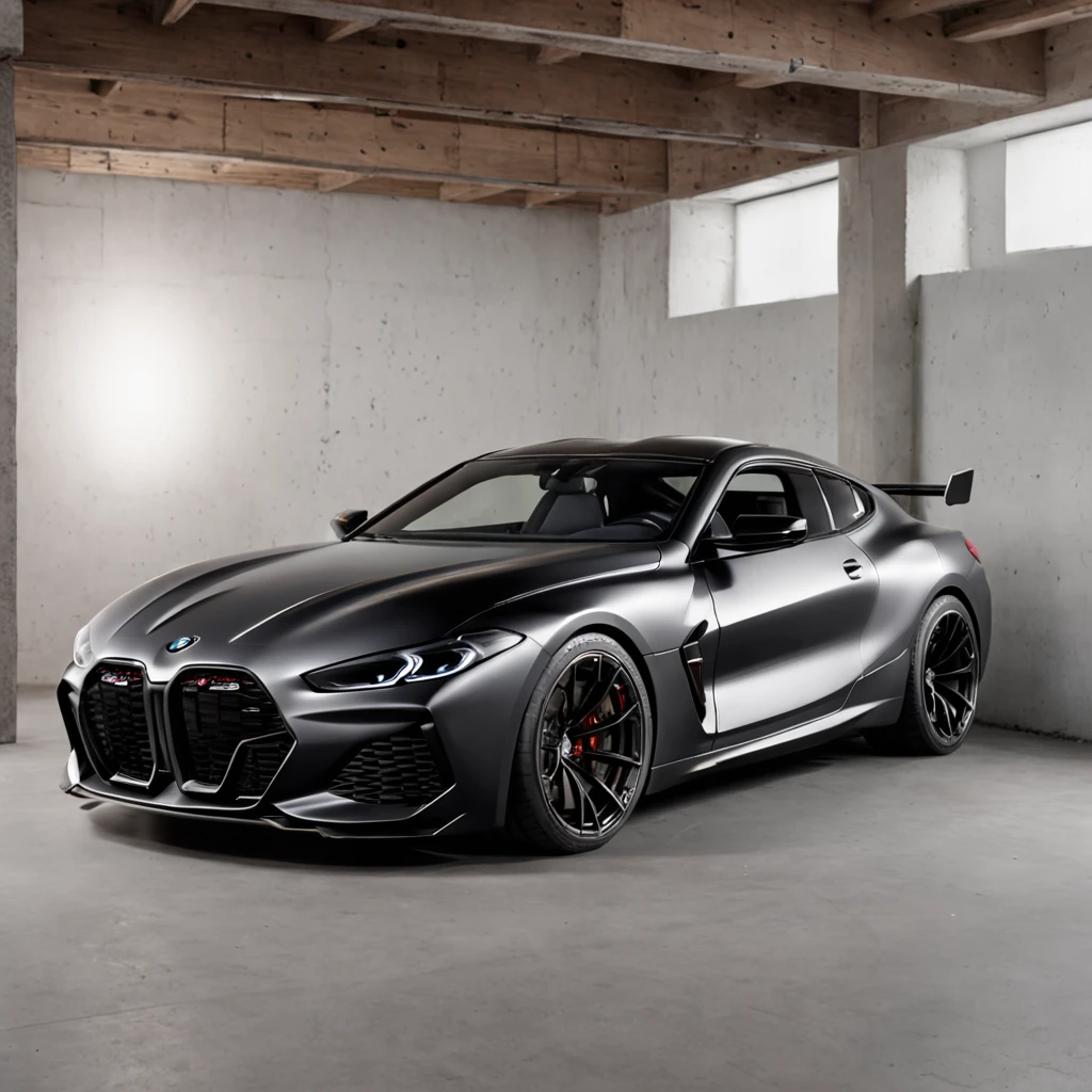 Basement park with parking BMW m8 futuristic black tuning parts
