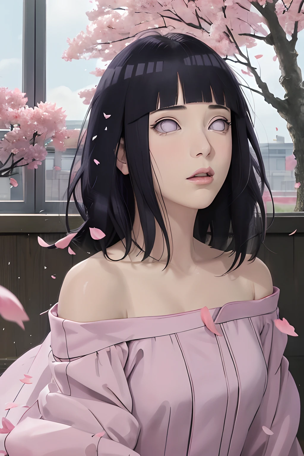 masterpiece, absurdres, hinata\(boruto\), 1girl, solo,mature female, off-shoulder oversized shirt, looking at viewer, (falling petals), perfect composition, detailed lips, beautiful face, body propotion, blush, (pink lips), long hair,  purple eyes,  soft gaze,  super realistic, detailed, photoshoot, realistic face and body, side view