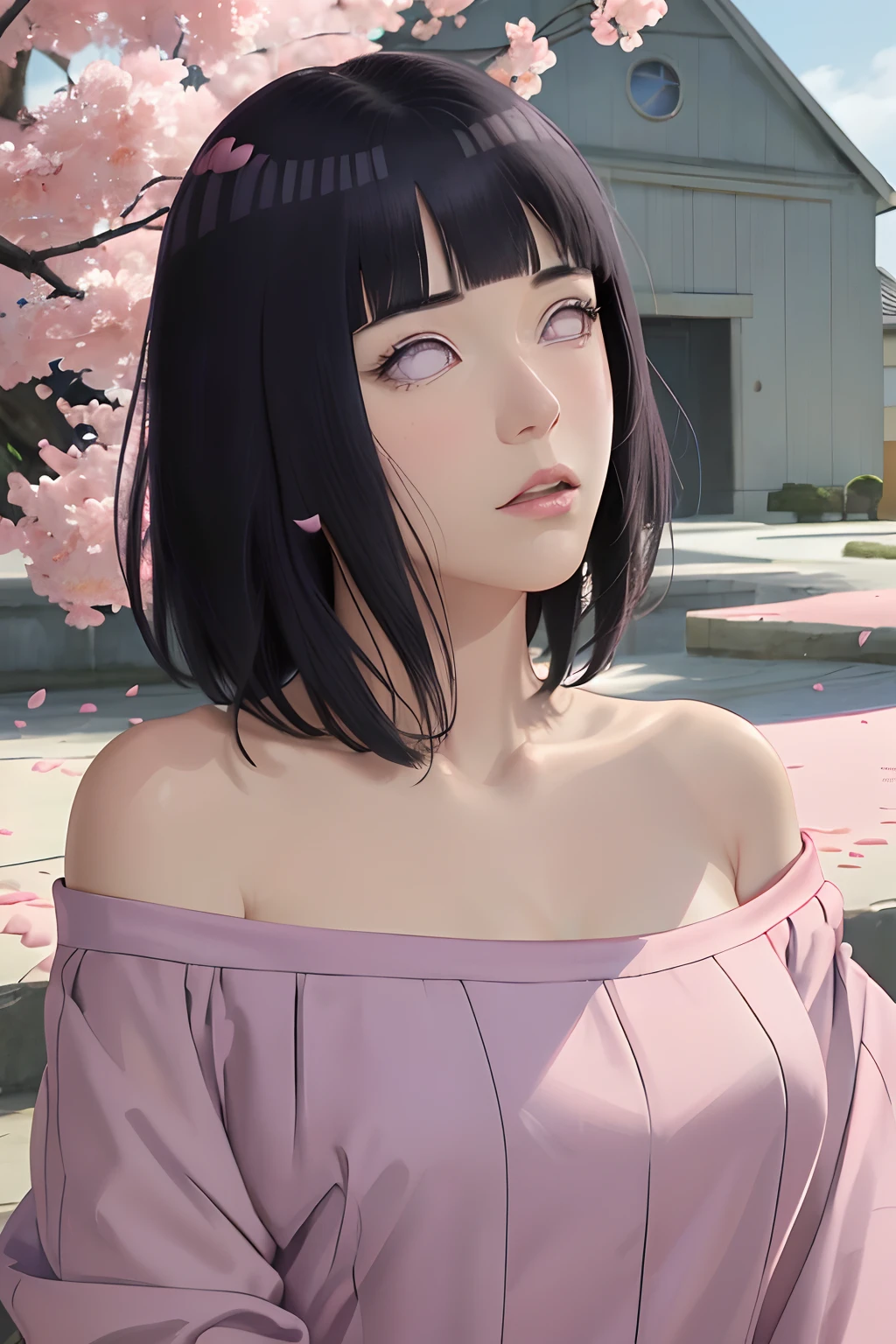 masterpiece, absurdres, hinata hyuga, 1girl, solo,mature female, off shoulder strap, looking at viewer, (falling petals), perfect composition, detailed lips, big breast, beautiful face, body propotion, blush, (pink lips), long hair, purple eyes, soft gaze, super realistic, detailed, photoshoot, realistic face and body, detail body, detail finger, sexual expression, seductive expression,