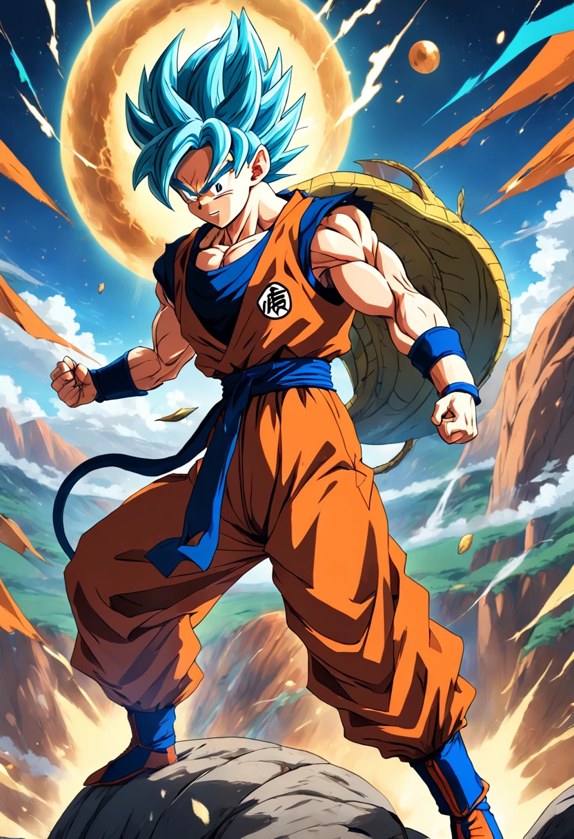 a detailed artwork of Goku in orange coat and blue jeans, jogando basquete, Dragon Ball Z, 4k, corpo inteiro, inspirado em Akira Toriyama, estilo de arte Dragon Ball, anime wallpaper, arte de anime limpa e detalhada