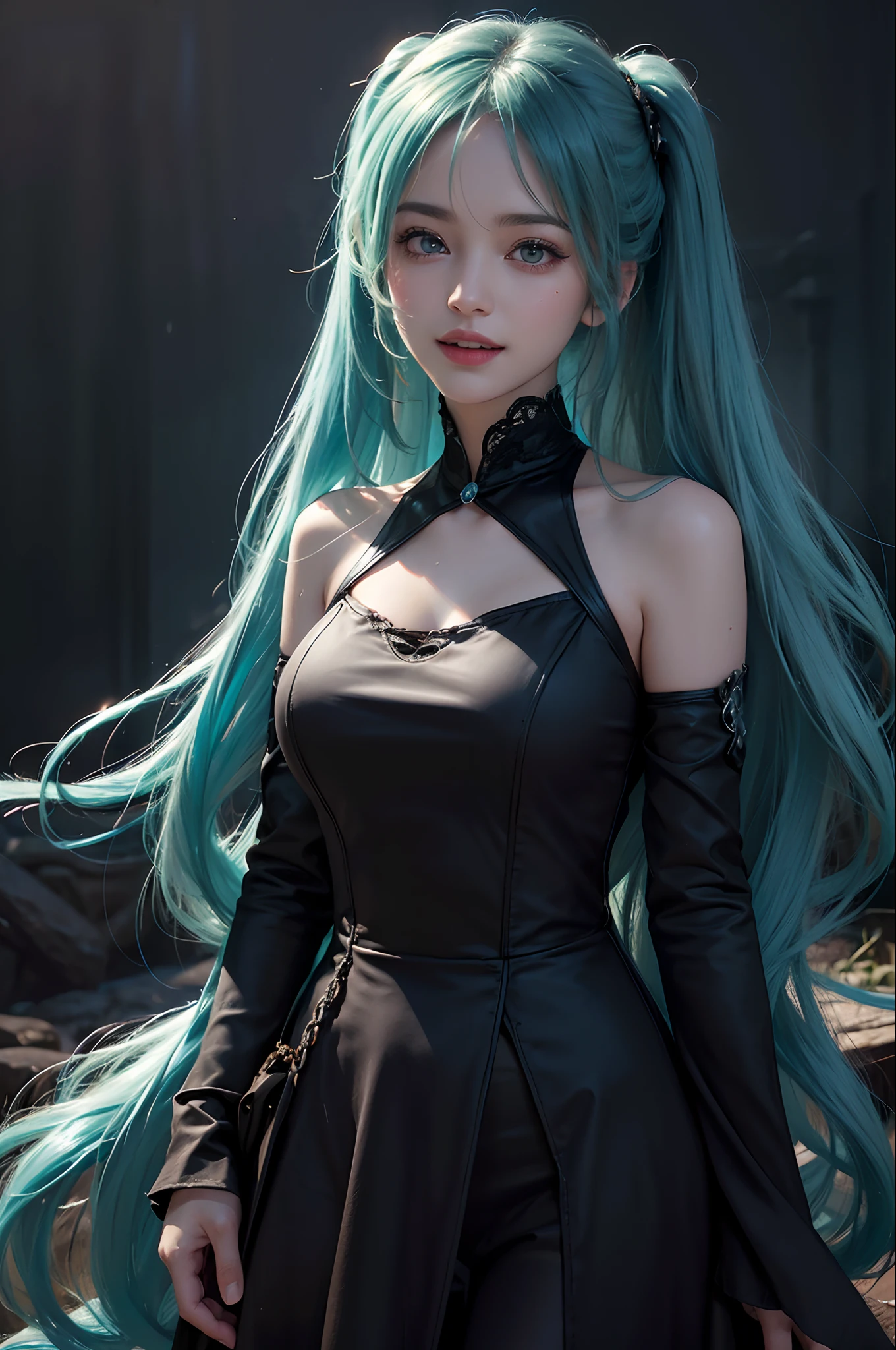 (hatsune miku charakter), tosca hair color, long twin tail hair with pony, looking at the view, eyes on the view, smile (big smile), (open mouth), full body, 21 years old girl, perfect body, perfect anatomy, tosca eye color, double eyelids, huge breasts, Highly detailed skin texture, (Realistic skin), Ultra-Detailed Face, Detailed Lips, Detailed Eyes, Double Eyelids, nacklaces, wet skin, wet hair, simple dark room background, (front focus), (in the dark:1.6), deep dark, Hyperrealist portrait of female by david hockney and alphonse mucha, fantasy art, photo realistic, dynamic pose, dynamic lighting, artstation, poster, volumetric lighting, very detailed faces, 4 k, award winning, in the dark, deep shadow, low key, cowboy shot, luxury satin long dress, lighting dress full body photo