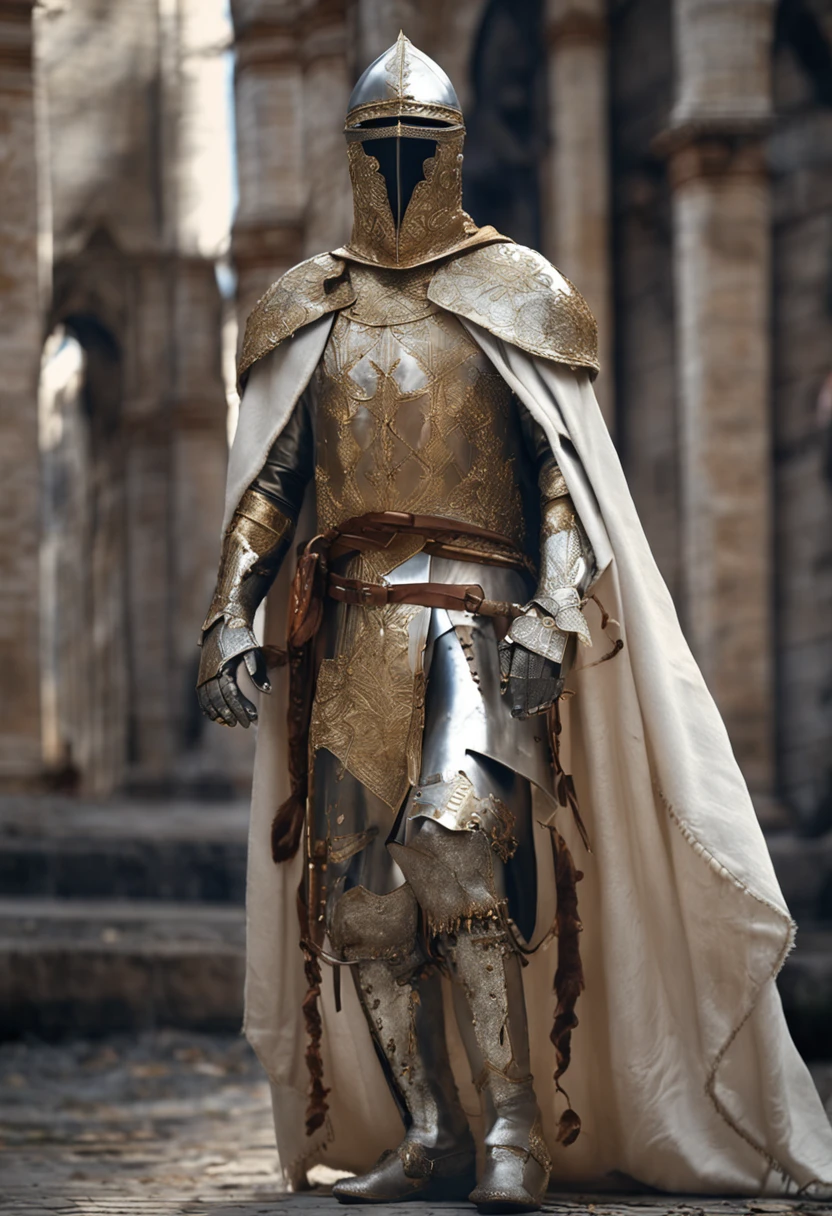 Guerrero alado con armadura medieval y capa blanca de lana, alto detalle, brillos decroicos, metal dorado, hermosa armadura, alas blancas, Epic Detail, estilo anime realistico, iluminacion dramatica