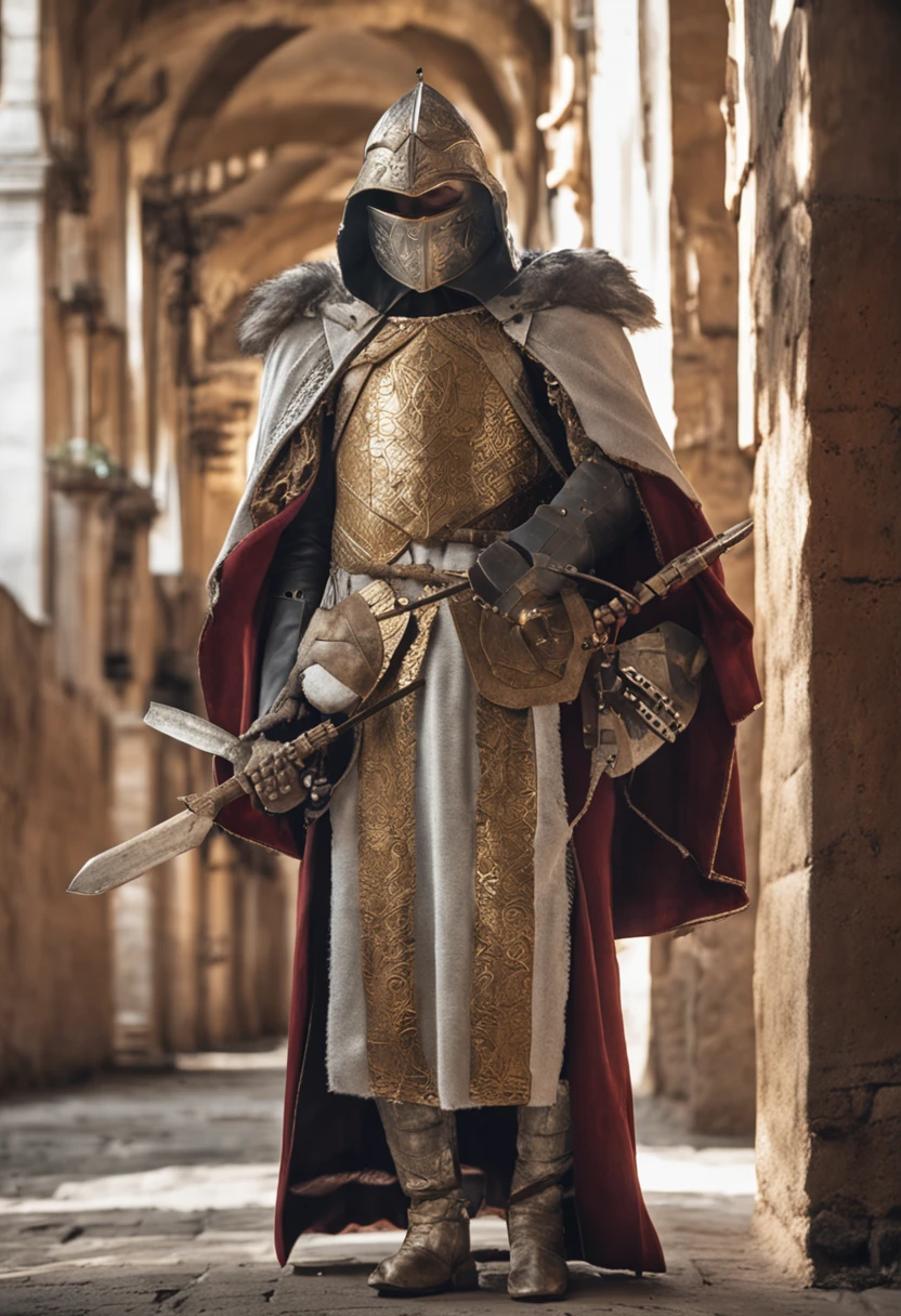 Guerrero alado con armadura medieval y capa blanca de lana, alto detalle, brillos decroicos, metal dorado, hermosa armadura, alas blancas, Epic Detail, estilo anime realistico, iluminacion dramatica