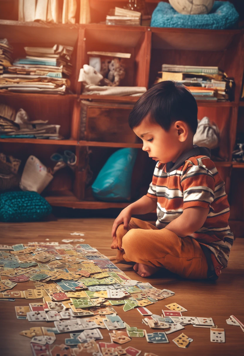 (photo reality of child, Boy assembling a puzzle and playing educational games, cinematic picture)
