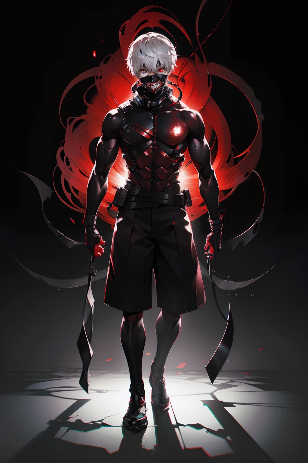 kaneki ken red eyes shining in the dark background dark standing muscular