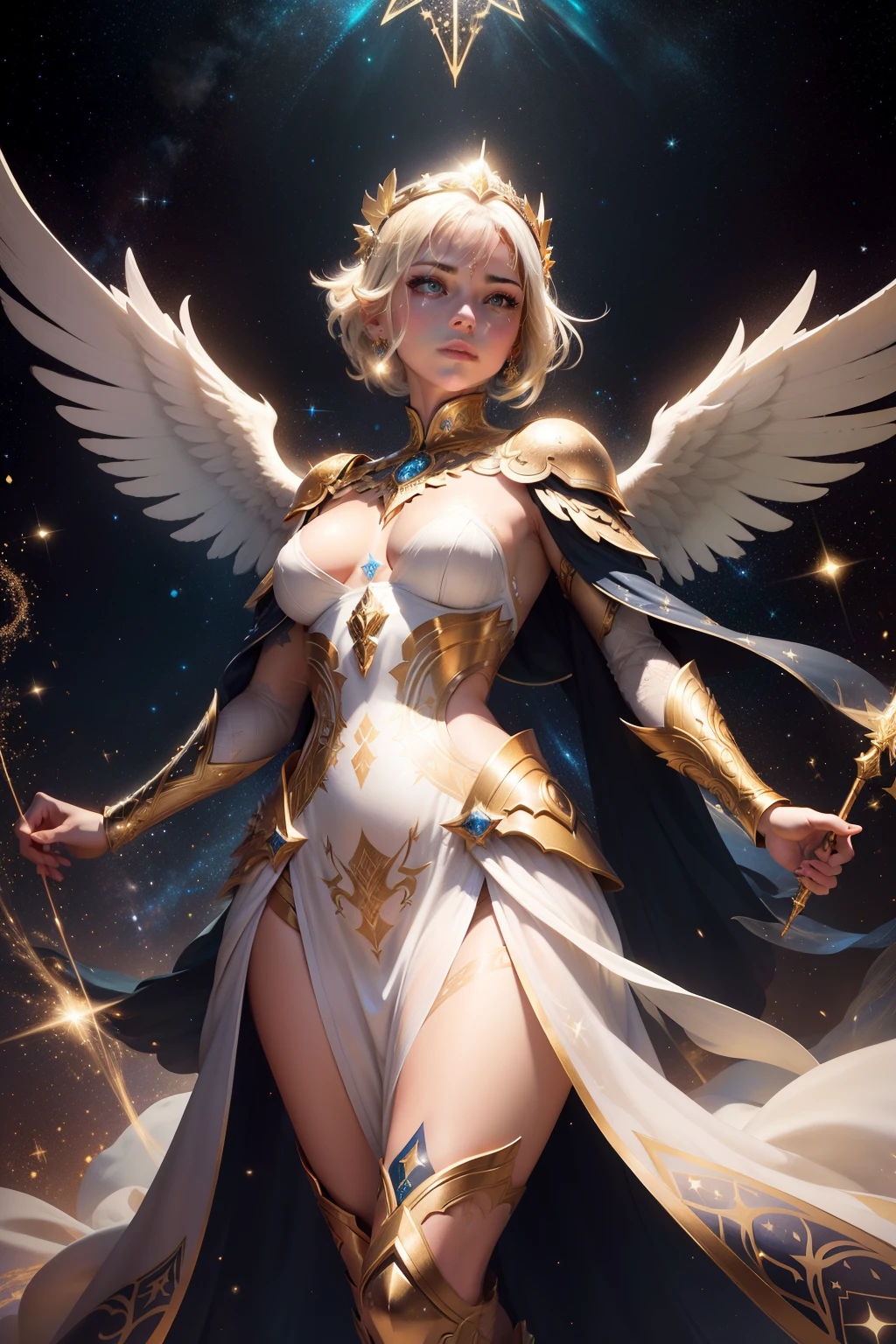 Bold spangled graphic illustration, dynamic pose, bioluminescent gold glow, glowing constellation tattoos, light fantasy, warrior garments, white gold lights, dreams, starry night, splash art, photo, 8k, shot on camera Canon 1DX, 50 mm f/2.8 lens, raw, one magnificent messenger angel, whole body, huge white and gold wings, modest clothing, masculine armor, glowing constellation tattoos across her skin and face, deadly, fully clothed, short straight blonde hair, flowing ornate white gold gown, glowing tattoos, constellations, caring expression, fully clothed, empress, warrior, bokeh in the style of da Vinci.