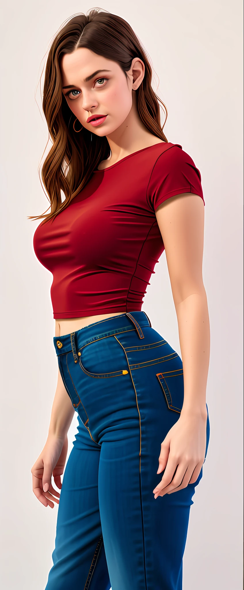 uma mulher em um top marrom e jeans preto, usando um top cropped sexy, camisa apertada, usando roupas simples e apertadas, topo de corte, top bonito, usando um top bonito, com corte rasgado t - camisa, roupa apertada, camisa vermelha, vestindo camisa apertada, cintura magra e quadris grossos, Topo de colheita, metade superior do corpo, Roupa aberta v peito, fotografia realista, fotografia, obra-prima, realista, Realismo, renderizado, Alto contraste, Arte Digital, fotográficorealista, trend in Artstation 8k HD, high definiton, circunstanciado, Realistic, detalhada, textura da pele, hiperdetalhada, Textura realista da pele, melhor qualidade, ultra high-resolution, (fotografia realista: 1.4), alta resolução, detalhada, fotografia crua, Crisp resolution, Nikon d850 filme, fotografia de stock 4, Kodak Portra 400 Camera F1 Lens.6, textura hiper realista, lighting dramatic, Unrealistic trend in Artstation Cinestill 800, RAW.