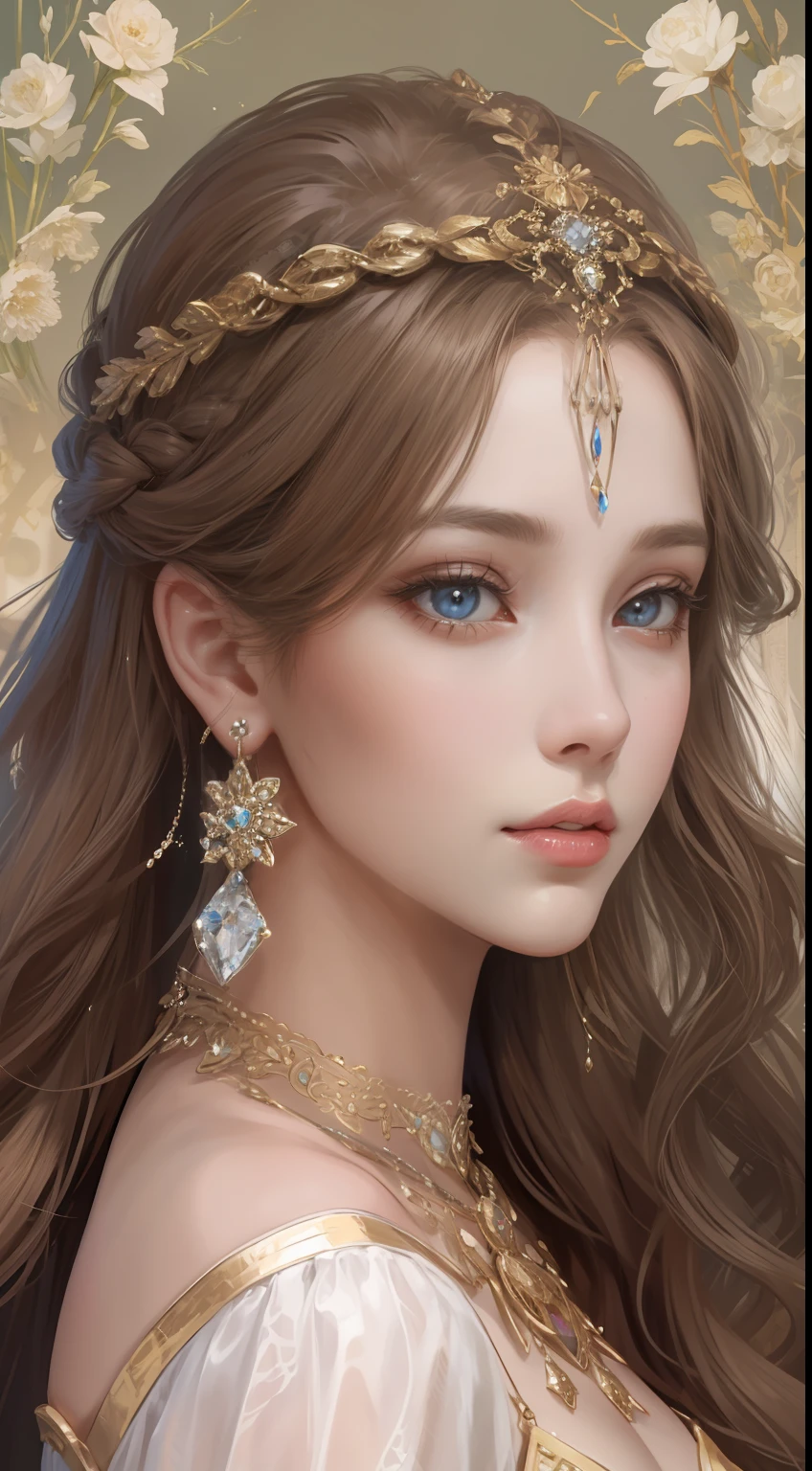 tmasterpiece,Highest high resolution,Beautiful bust of a noble lady,Delicate chocolate-colored braided hair,Brown clear eyes,The hair is covered with beautiful and delicate floral craftsmanship, Crystal jewelry filigree,Ultra-detailed details,upscaled。Soft lighting
