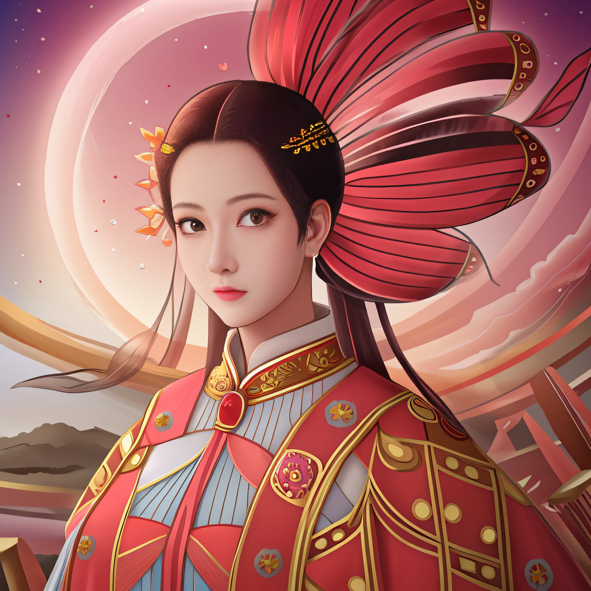 Retrato estilo anime de uma mulher com um cocar vermelho e uma lua no fundo, uma bela imperatriz fantasia, Imperatriz chinesa, palace ， Uma  em Hanfu, Princesa chinesa antiga, Princesa chinesa, ((uma bela imperatriz fantasia)), inspirado em Lan Ying, Princess of the Ancient Asian Dynasty, Deusa chinesa antiga, Rainha do Mar Mu Yanling, inspirado em Qiu Ying.