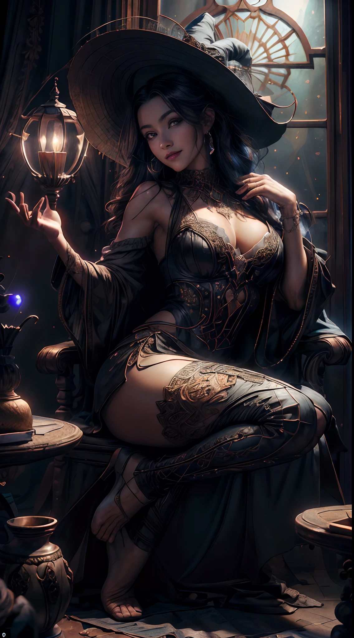 ((obra-prima)), ((melhor qualidade)), ((Ultra Detalhado)), (Awesome: 1.1), ((papel de parede extremamente detalhado da unidade CG 8k)), (8k, Foto RAW, melhor qualidade, obra-prima: 1.2), (realista, Foto realista: 1.4), (renderizado: 1.4), (renderizado: 1.4), Ultra realismo, high-resolution, NVIDIA RTX Ray Tracing, octan render, imagem de corpo inteiro, 1 garota linda, olhando para o espectador, Mago lendo um grande livro de magia em uma biblioteca antiga de uma torre de tijolos de pedra medieval, Her hair is long and black with shine, wearing a big witch's hat, His eyes are large and blue and well detailed, ela usa vestes escuras negras estampadas com estrelas prateadas e luas crescentes brilhantes, leve sorriso, Detailed and symmetrical face, perfectly proportions, biting lips, sexual expression, corpo voluptuoso, thick legs with well-defined muscles, quadris largos, cintura fina, well-defined abdomen, seios grandes e empinados, mamilos protuberantes pontudos, pele clara com leve brilho de suor, quarto ligeiramente escuro, lighting by antique chandeliers and candles, A faint haze of smoke billows out of candles, Magical crystal ball with purple luminescent aura and purple rays on an old wooden table in the background, Deeply dark night through the windows, very starry dark sky, estrelas cadentes, grande lua semicoberta por nuvens, raios de luz da lua, diffuse lighting, fantasia, intrincado, dinamic angle, elegante, altamente detalhado, realista, 8k 3D, cinematic lighthing.