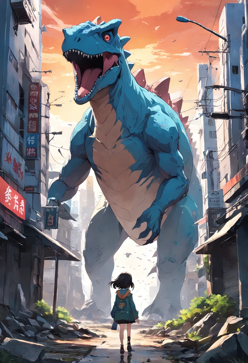 masutepiece, Ultra-high resolution, Super huge and violent (Anthropomorphic lizard) The Monster, Luminous Eyes, broken streets, Broken city, Gravel-covered ground, Broken sign, Japan Invaders, Natural light surreal science fiction scene, From the point of view of the lowest layer (light and shadow effect), (depth of field effect), (Tyndale), (Optical particle tracking), (nffsw), (Horror Movie Lighting Visual Effects), (Volumetric lighting), (Bright colors), Best Quality, 8K