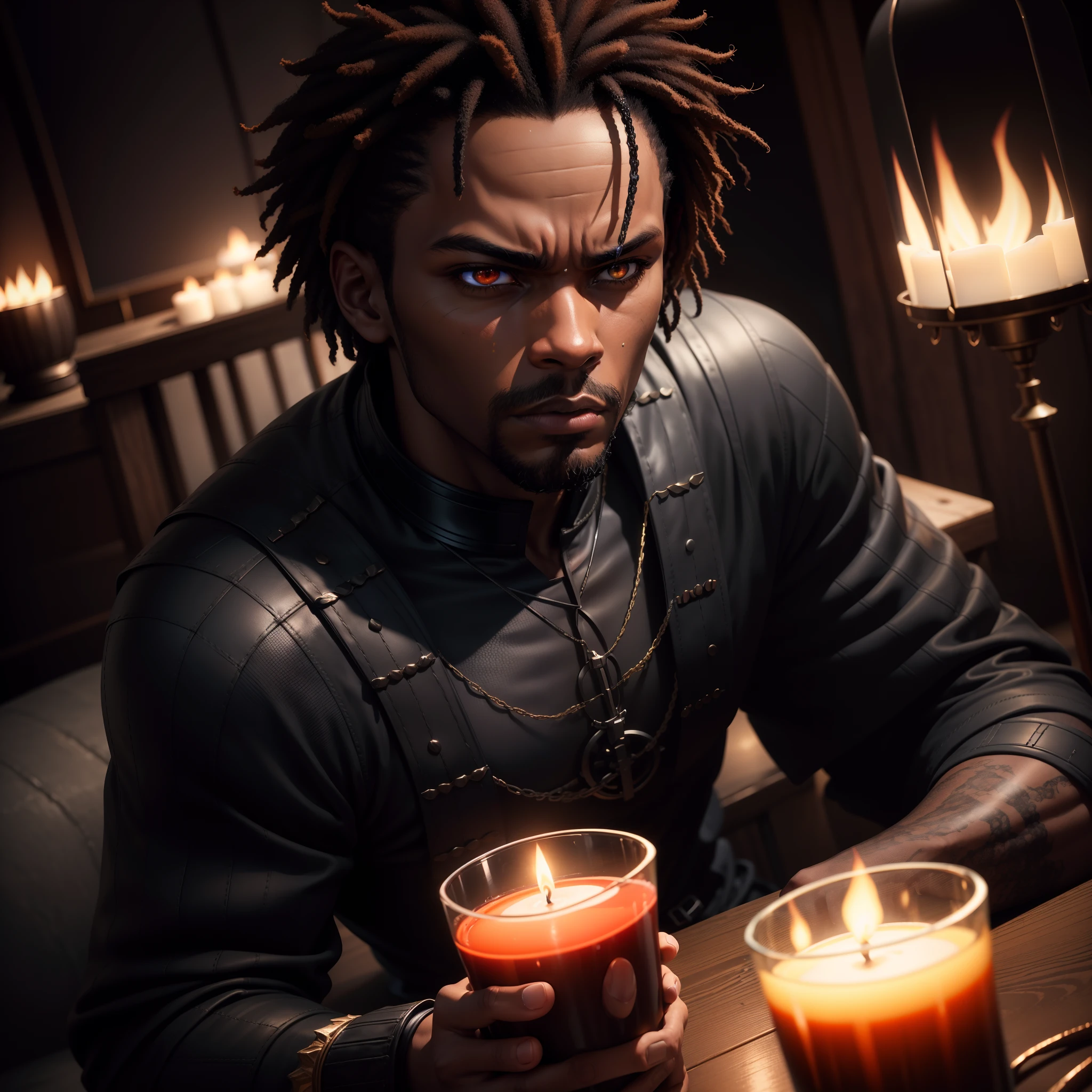 Black man sitting in a dark room lit by candlesbin the background, fierce, angry look on his face, looking straight at the camera, with iridescent light, highly detailed images, vibrant beautiful colours, photorealistic image, 8k, ultra HD, unreal engine rendered, cinematic lighting, artgerm style,