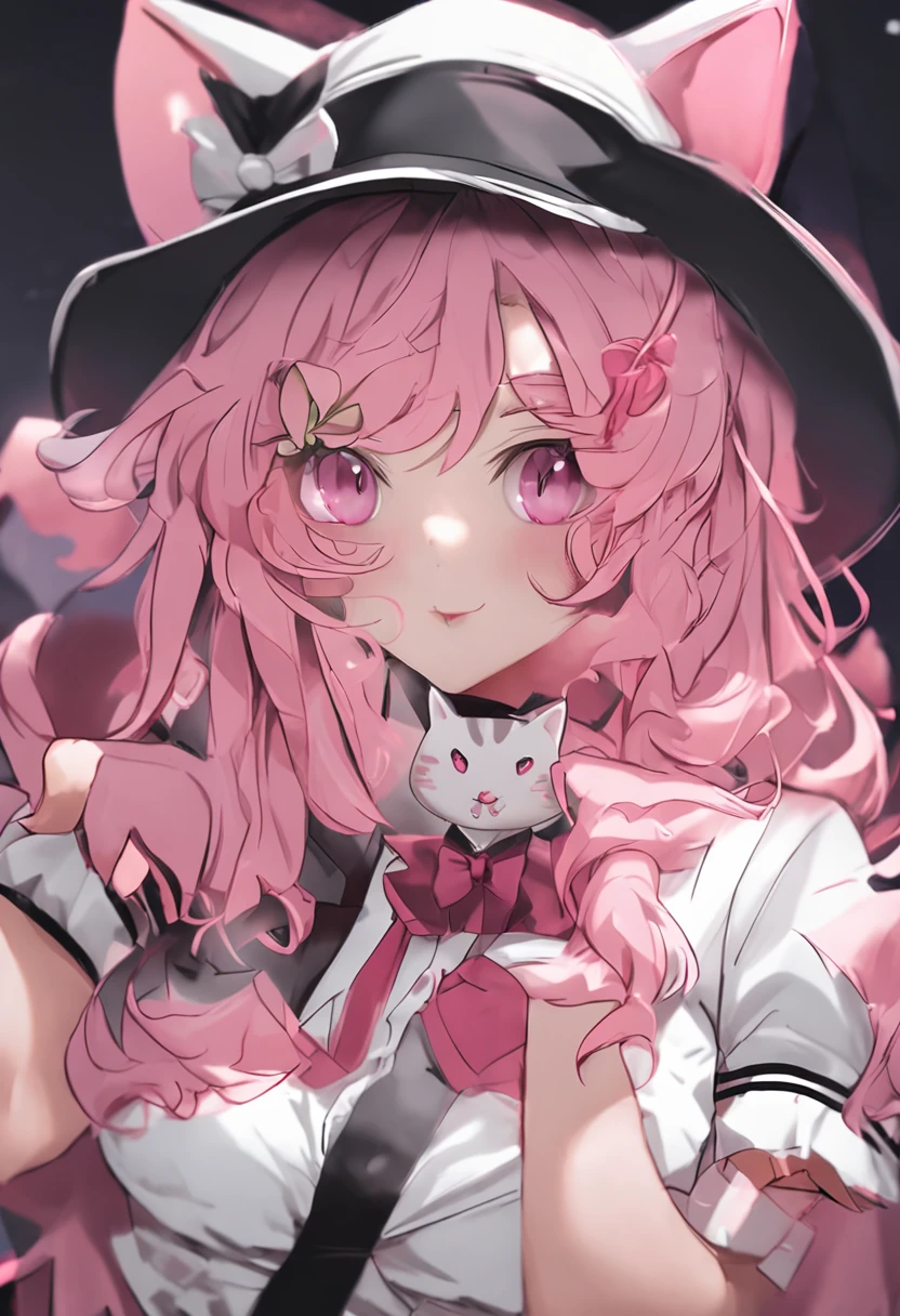 A woman with pink hair and a white hat, Anime cosplay, junko enoshima from danganronpa, White Cat Girl, very beautiful cute catgirl, anime catgirl, An anime cover, Anime girl cosplay, nekomimi, ahegao, ahegao face, nyaruko-san, cute anime catgirl,Moaning, Super detail,Third-Person