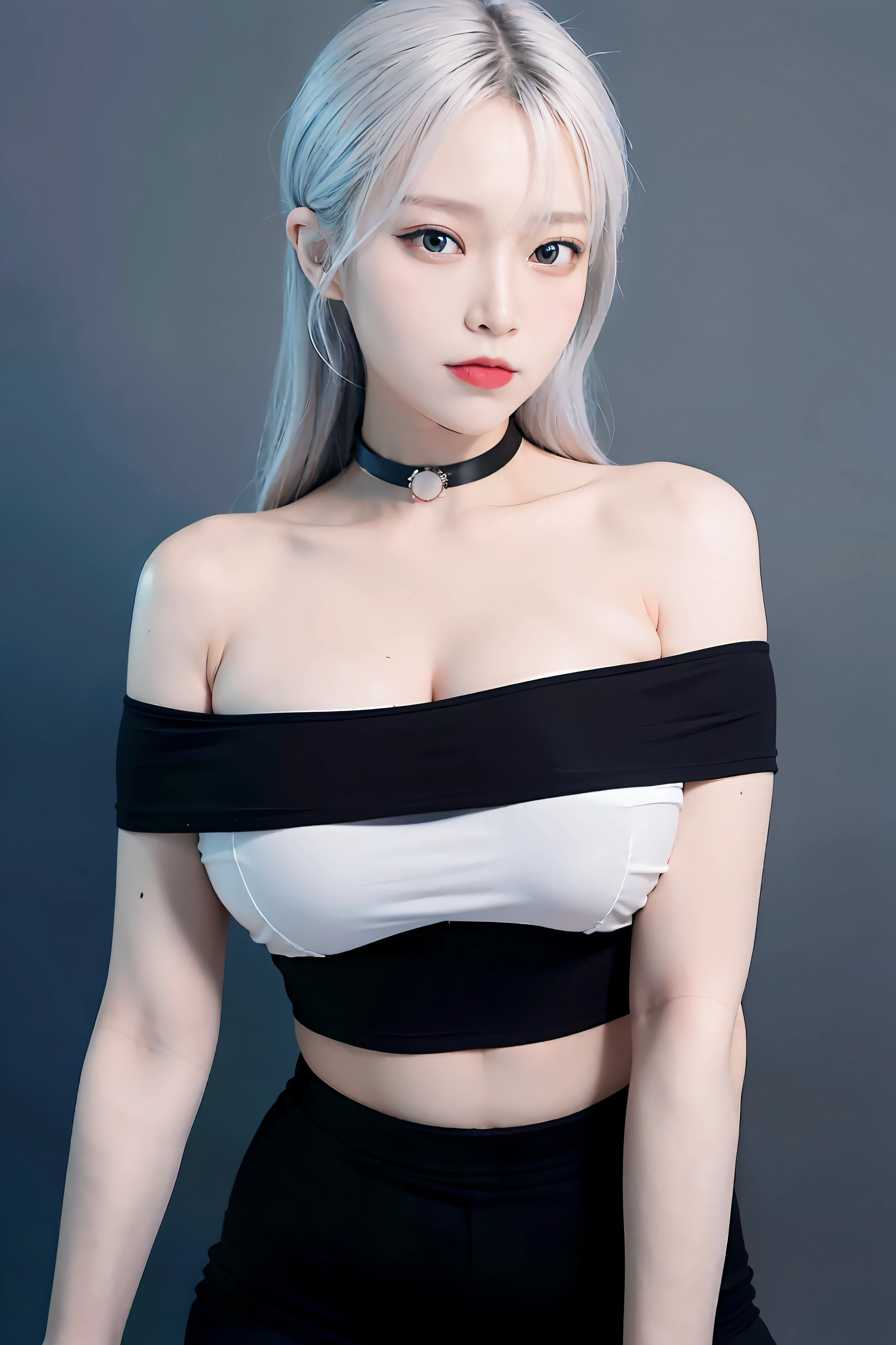 Girls, Bangs, Bare Shoulders, Black Pants, Big Breasts, Breasts squeezed together, Grey background, Hair between the eyes, Huge breasts, Long hair, View Viewer, Pants, Parted lips, Red eyes, Sexy Shirt, Simple background, Sleeveless, Sleeveless shirt, Solo, Turtleneck, V arm, White hair,(Shiny skin),(Masterpiece:1.4),(Best quality:1.4),,Facigirl,Red lips,Perfect abs, belly button, (nipple: 1.5), (sheer areola), nipple, huge, sweat,