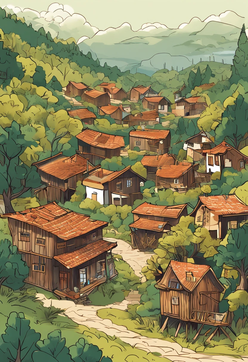 "Generate a picturesque image that portrays a peaceful village nestled between green hills and a pine forest. In the foreground, display some charming wooden houses, each with its unique style of architecture, lined up along cobbled streets. The light The soft morning sun bathes the village, creating a golden glow that is reflected in the windows and roofs. A gentle breeze blows from the side of the forest, carrying the characteristic fresh scent of pines. The pine forest, with its tall trees and needles soft, wraps around the village, creating a feeling of a welcoming embrace. This scene should convey an atmosphere of tranquility, where the villagers wake up to a new day in harmony with nature."