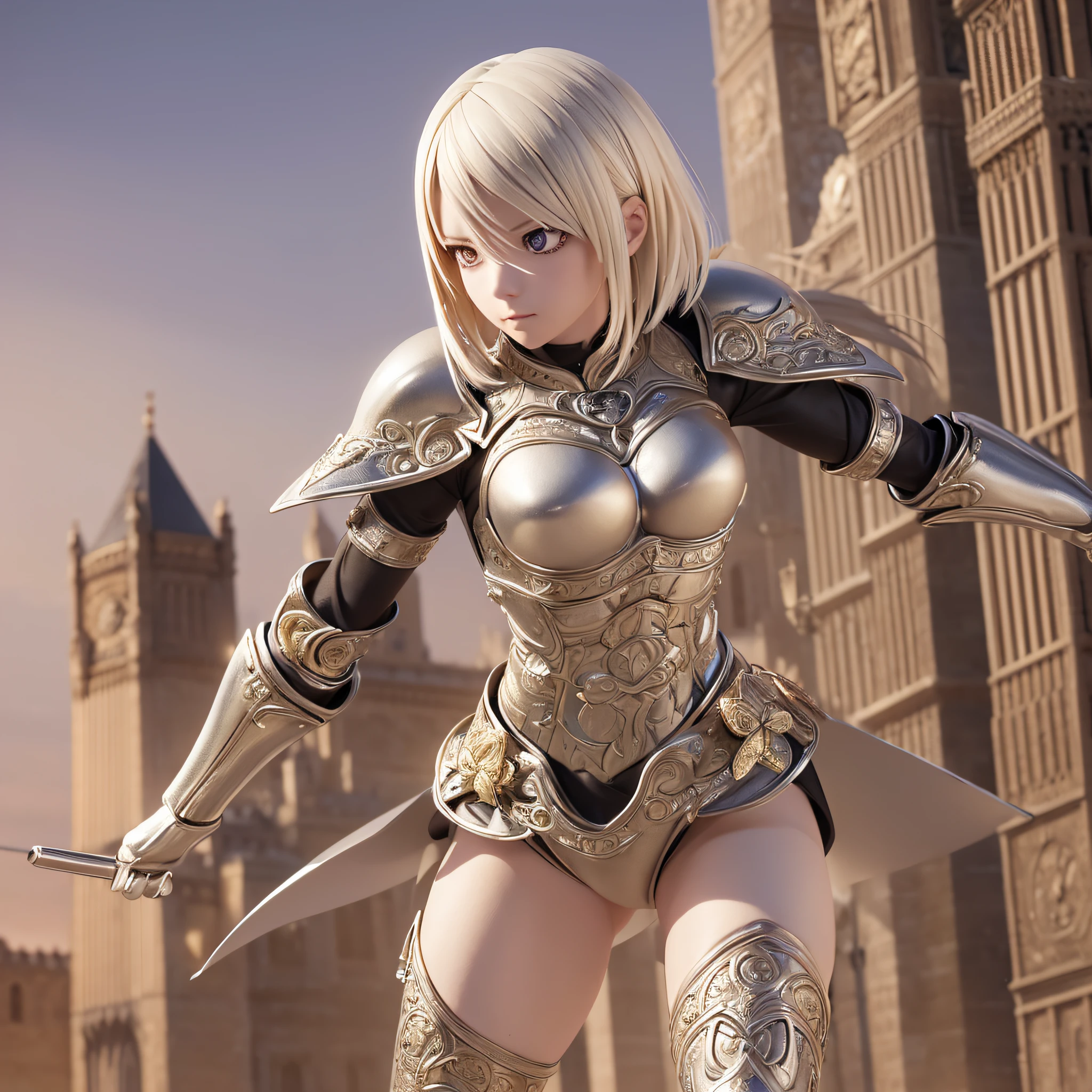 ((3D anime:1.2, Manga Claymore:1.1), best quality, detailed, high resolution, (Mascot:1.3, Clare:1.2) Silver eyes, which shine in situations of intense combat, short platinum hair, defined musculature, pale skin, warriors measuring more than 1.80 m, large sword, intricate design and clothing, symbology in the peitp in his armor, dynamic movements, medieval city background,(excellent lighting, Detailed shadows, dynamic camera angle and pose)