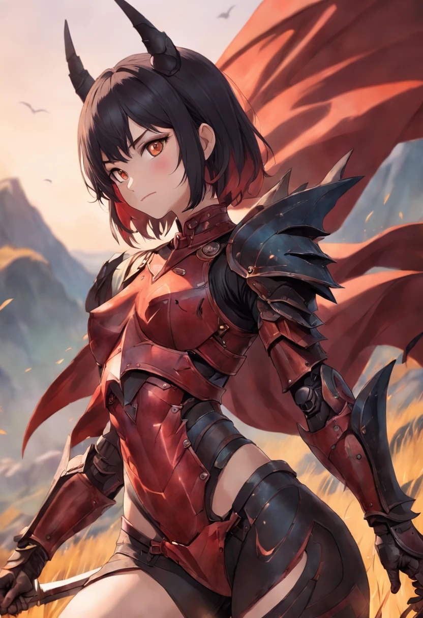 una mujer hermosa, (desde abajo: 1.3), (perspectiva: 1.2), Mirando a la audiencia, cuerpo completo, Foto de cuerpo entero, pechos muy grandes, (( Black grasslands and dragon background)), (( fantasy theme)), (( Armadura de cuerpo completo, Armadura de la parte inferior del cuerpo, Armadura de bota)), They are smiling, ((sosteniendo un arma)) , muy grande, Cabello de color rojo, Peinado de cola de caballo, ((highest qualityr)), ((Detalle excepcional)), ((Super High Resolution: 3.5)), (Fidelidad: 1.4), ((best illustration, Detalles del favor, perfect detail rendering, Ultra HD, Obra maestra, ultra-high-resolution)), (fotorrealista:1.5), Foto RAW, brillo y oscuridad perfectos, rayo de luz, Equilibrio perfecto, smooth color transition, Figura corporal perfecta, Marco de cuerpo completo, Luz brillante, Armadura de color rojo y negro, aura, Capa con capucha, Full detail armor design, corona, ojos azules, maduro, Age 39 years, Adventure pants, Capa de color perfecta, Pose de lucha, postura dominante, red neckerchief, realeza, majestuoso, amanecer, emperatriz