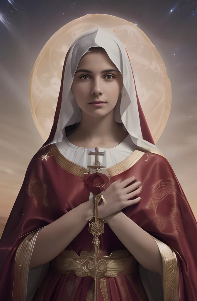 (((Saint Virgin Mary. 19 years old))) (((in kinetic style))) ((( Con una cara seria y piadosa. Con una mirada dulce y tierna))) (obra maestra, calidad superior, mejor calidad, arte oficial, beautiful and aesthetic: 1.2), (1girl), extremadamente detallado, (Arte fractal: 1.3), colorido, highest detailed, Cara perfecta, parte superior del cuerpo, HDR, (orando: 1.3), (golden lines of white coat: 1.2), galaxia, (rayas de luz), eye-catching visuals, (dynamic stripes, senderos luminosos: 1.2), colores vibrantes,