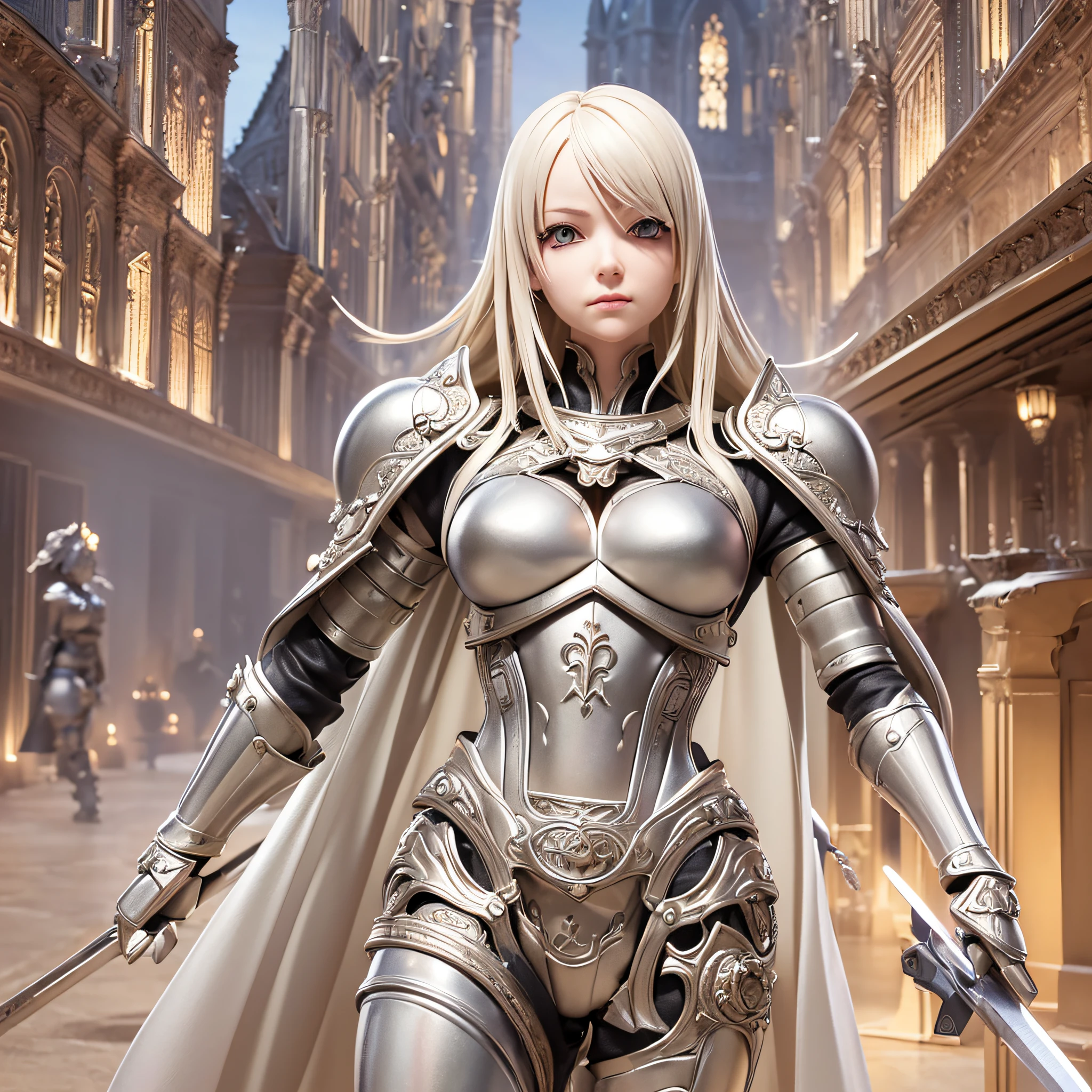 ((3D anime:1.2, Claymore Manga:1.1), best quality, detailed, high resolution, (Mascot:1.3, Clare:1.2) Silver eyes, which shine in situations of intense combat, platinum hair, defined musculature, pale skin, warriors measuring more than 1.80 m, large sword, intricate design and clothing, medeival city background, (excellent lighting, detailed shadows, dynamic camera angle and pose)