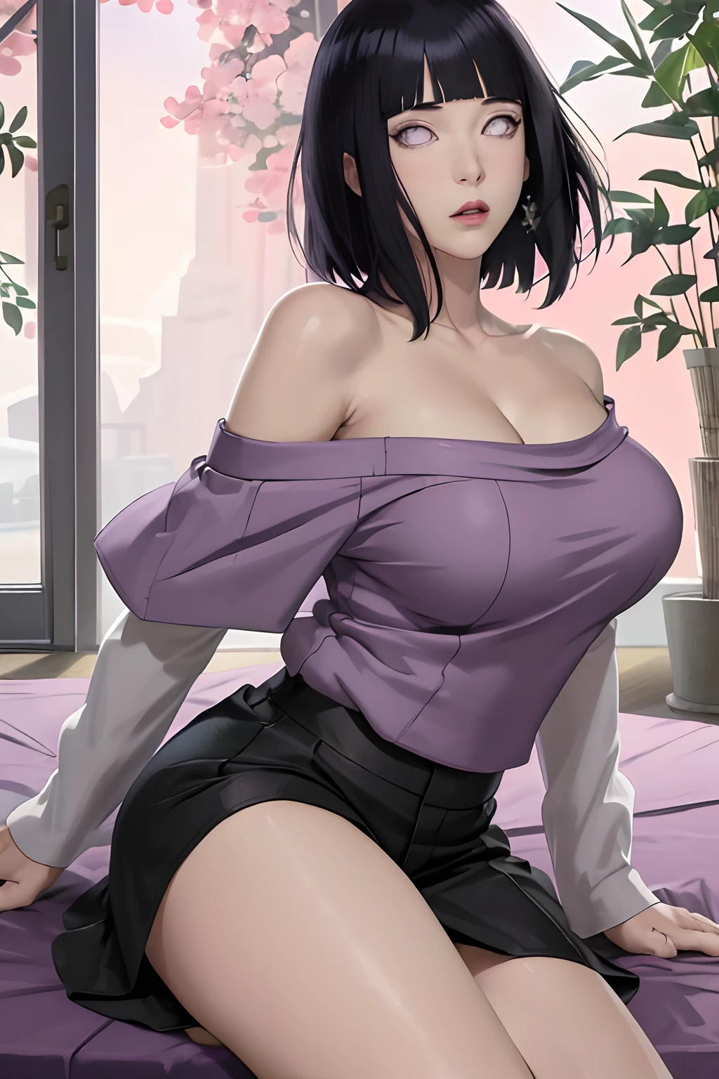 Masterpiece, absurderes, Hinata\(Boruto\), 1girll, Solo,Mature female, Off-the-shoulder oversized shirt, Perfectcomposition, Detailed lips, big breast, Beautiful face, body propotion, Blush, (Pink lips), Long hair,  Purple eyes,  Soft gaze,  Super realistic, Detailed, photoshoot, Realistick faces and bodies, Side view