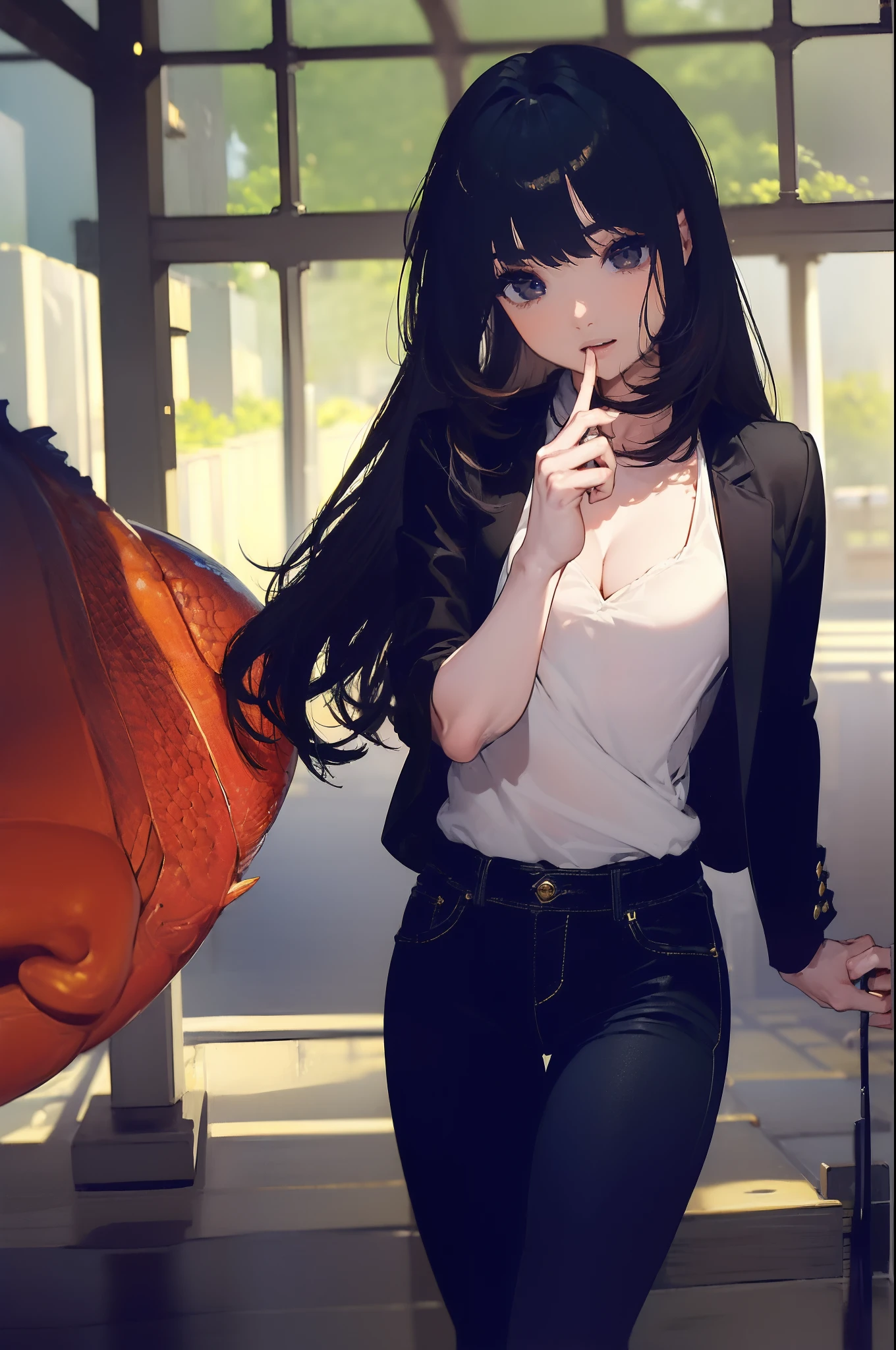 ((((Catching a big fish by the lakeside:1.5)))),((Female 28 years old)),((Best Quality:1.5)),((((Hands with the correct number and structure of fingers:1.5)))),((Big fish:1.37)),hight resolution,ultra-detailliert,masterpiece,best qualtiy,(Eight-headed body),Black hair, long eyes-lashes, Solid Circle Eyes, drop shadow, Atmospheric perspective,Super Detail, ccurate, small brest,(Black jacket and black jeans :1.1),top-quality, blurry backround, bokeh dof:1.2, (masterpiece:1.3), Atmospheric perspective,Super Detail,dynamic compositions,
