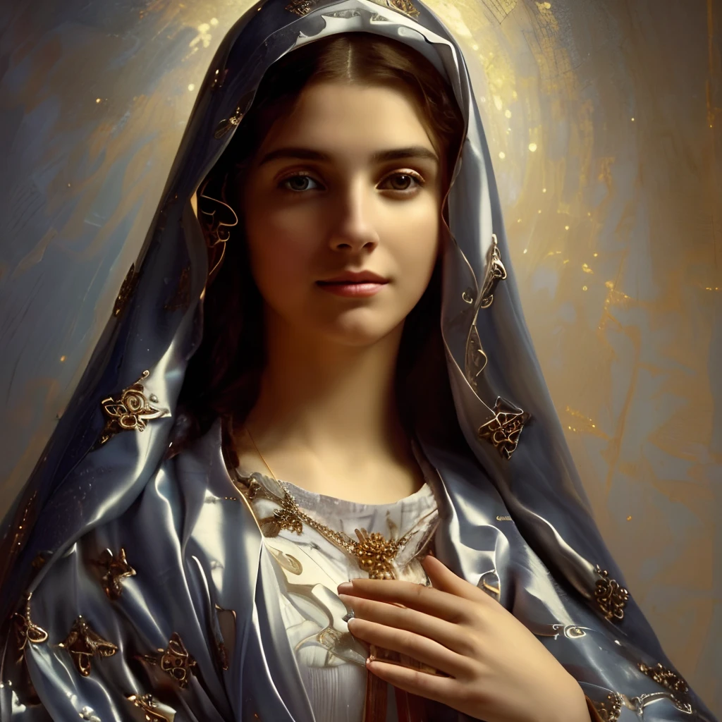 (((Saint Virgin Mary. 19 years olinetic style))) ((( Con una cara seria y piadosa. Con una mirada dulce y tierna))) (obra maestra, calidad superior, mejor calidad, arte oficial, beautiful and aesthetic: 1.2), (1girl), extremadamente detallado, (Arte fractal: 1.3), colorido, highest detailed, Cara perfecta, parte superior del cuerpo, HDR, (orando: 1.3), (golden lines of white coat: 1.2), galaxia, (rayas de luz), eye-catching visuals, (dynamic stripes, senderos luminosos: 1.2), colores vibrantes,