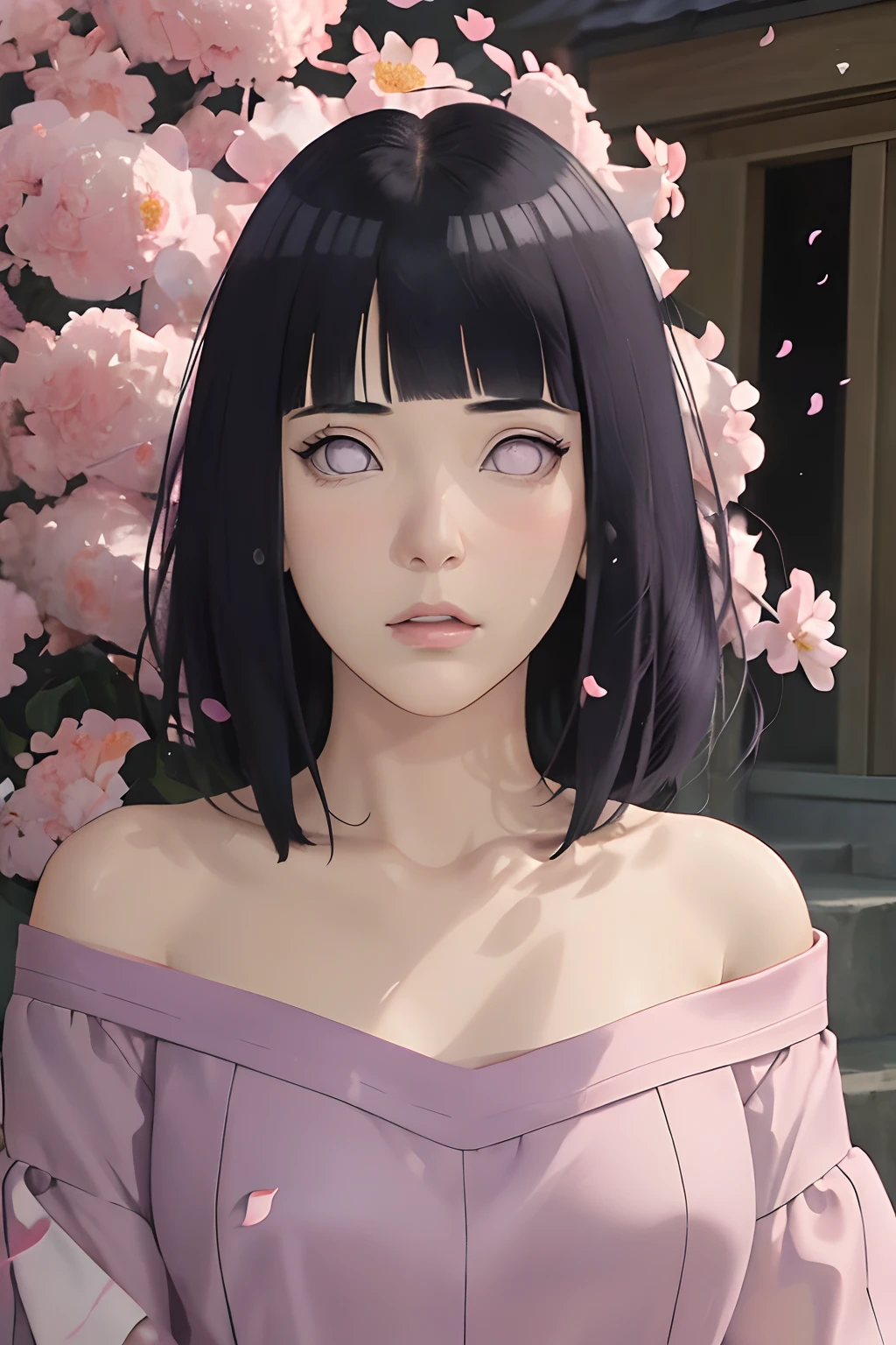 masterpiece, absurdres, hinata\(boruto\), 1girl, solo,mature female, off-shoulder oversized shirt, looking at viewer, (falling petals), perfect composition, detailed lips, beautiful face, body propotion, blush, (pink lips), long hair, purple eyes, soft gaze, super realistic, detailed, photoshoot, realistic face and body, side view