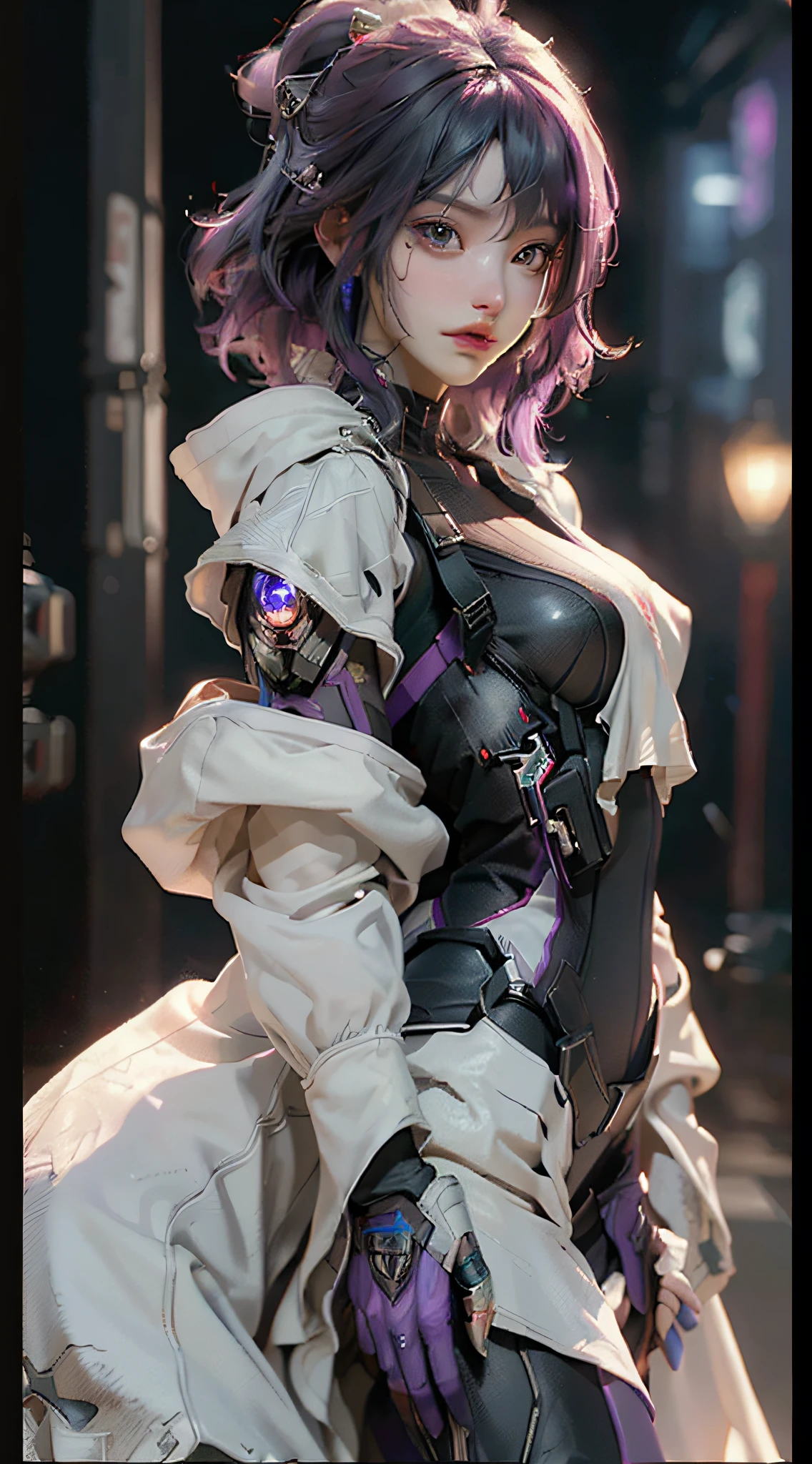 ((Best quality)), ((masterpiece)), (detailed: 1.4), 3D, an image of a beautiful cyberpunk woman, purple hair, night metropolis background, HDR (High Dynamic Range),Ray Tracing,NVIDIA RTX,Super-Resolution,Unreal 5,Subsurface dispersion, PBR texture, Post-processing, Anisotropic filtering, Depth of field, Maximum clarity and sharpness, Multilayer textures, Albedo and specular maps, Surface shading, Accurate simulation of light-material interaction, Perfect Proportions, Octane Render, Two-Tone Lighting,Wide Aperture,Low ISO,White Balance,Rule of Thirds,8K RAW,