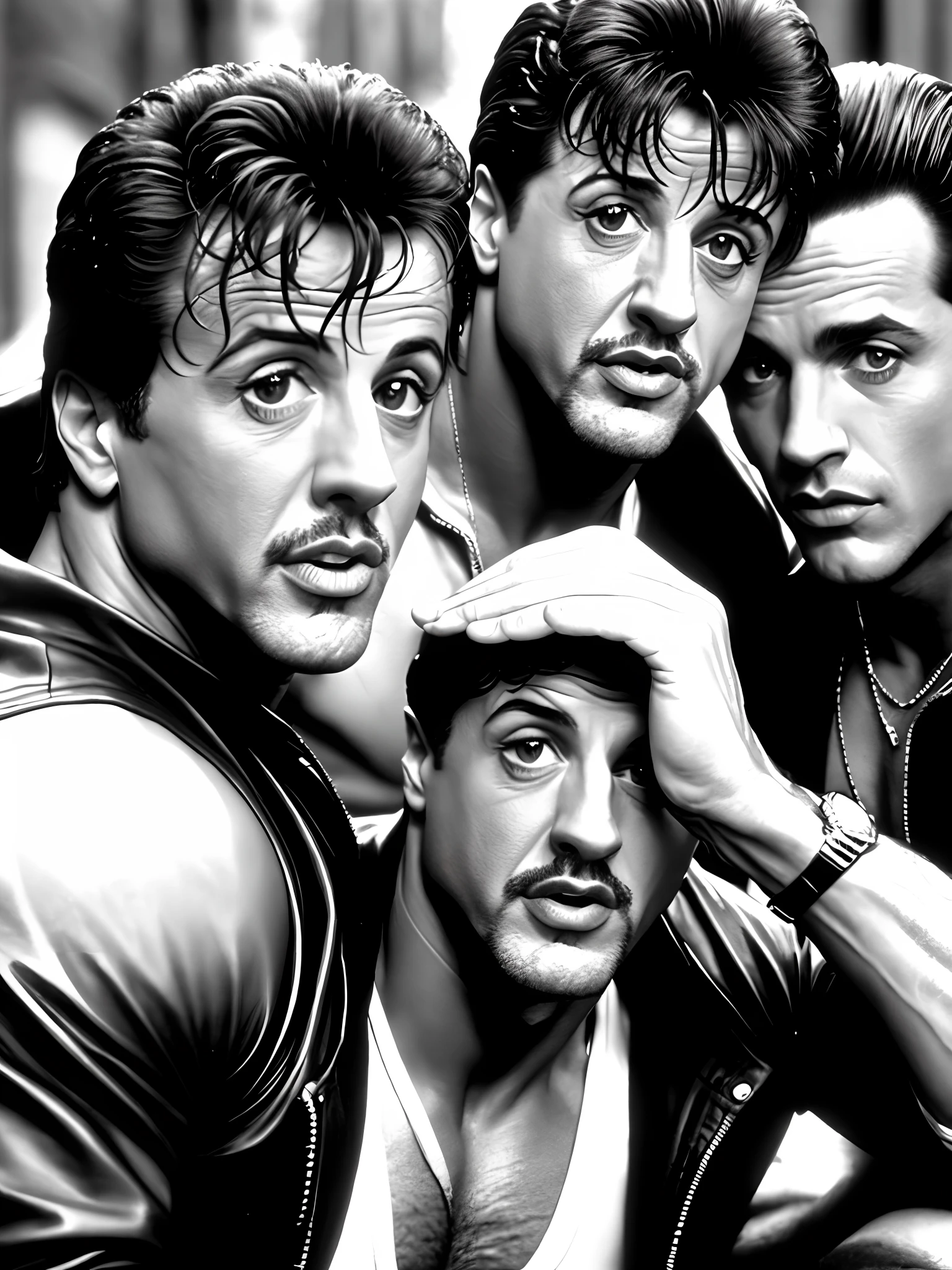 um close up de um cartaz de quatro homens de camiseta, O rosto de Leonardo DiCaprio, Retrato de Leonardo DiCaprio, Leonardo DiCaprio, Martin Ansin, Retrato da obra, "Leonardo DiCaprio, retro style art, Martin then, retro artstyle, arte do filme, Cinebiografia, meme de Leonardo DiCaprio, Shepard Fairey, estilo de arte vetorial, classic-cult-comic-style