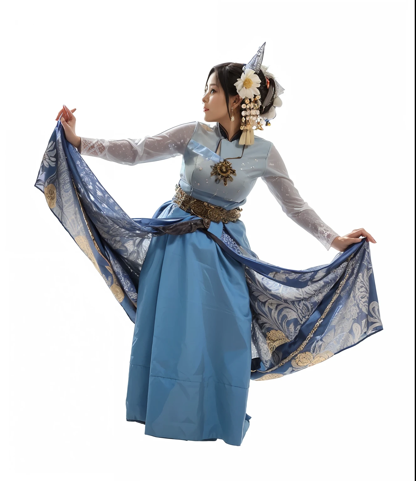 arafed woman in a blue dress holding a blue scarf, idian dress, traditional dress, authentic costume, costume, traditional costume, sukhothai costume, traditional clothes, traditional clothing, beautiful costume, high quality theatre costume, tai costume, wearing authentic attire, costume with blue accents, traditional tai costume, traditional, inspired by I Ketut Soki
