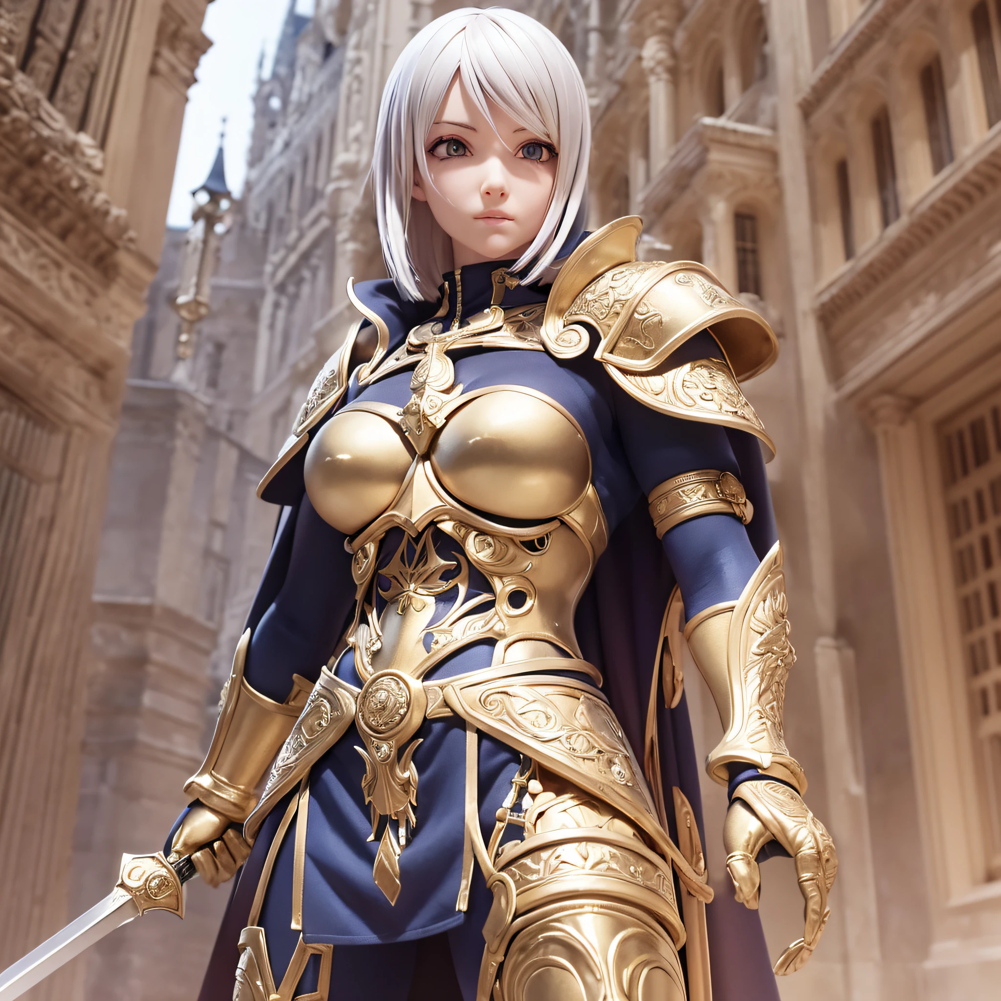 ((3D anime:1.2, Manga Claymore:1.1), best quality, detailed, high resolution, (Mascot:1.3, Clare:1.2) Silver eyes, which shine in situations of intense combat, short platinum hair, defined musculature, pale skin, warriors measuring more than 1.80 m, large sword, intricate design and clothing, symbology on the chest in his armor, long cape, dynamic movements, medieval city background, (excellent lighting, detailed shadows, dynamic camera angle and pose)