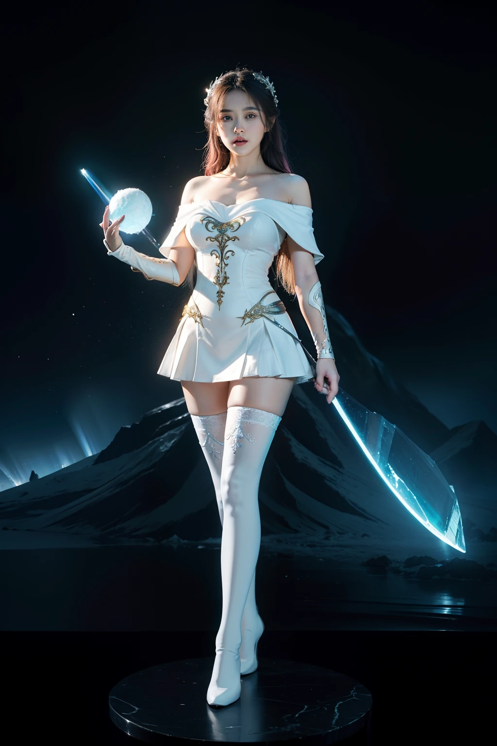 high high quality, 8K Ultra HD, Super detailed,Create a character named Rainbow Selenite Thor,It has a soft glow effect, In the artistic style of "Ichi no Kuni",voluptuous figure,White stockings,Off-the-shoulder attire