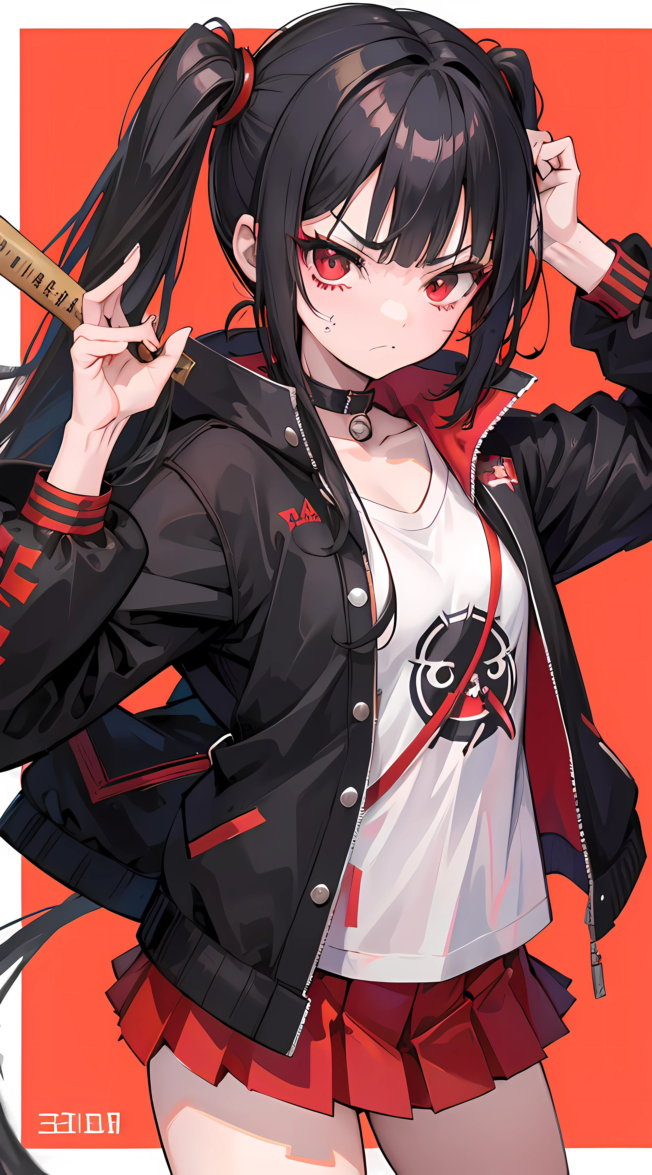 Sukeban, garota, anime, bad girl, roupas pretas e vermelhas, Sukeban deka, Anime 2D, Roupas legais da escola japonesa, bad girl type, angry face, skate in back, black hair, idol type, black and red jacket