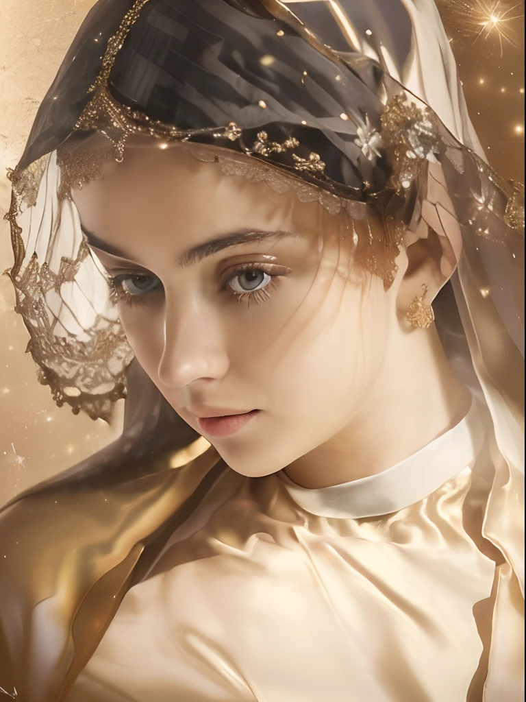 (((Saint Virgin Mary. 19 years olinetic style))) ((( Con una cara seria y piadosa. Con una mirada dulce y tierna))) (obra maestra, calidad superior, mejor calidad, arte oficial, beautiful and aesthetic: 1.2), (1girl), extremadamente detallado, (Arte fractal: 1.3), colorido, highest detailed, Cara perfecta, parte superior del cuerpo, HDR, (orando: 1.3), (golden lines of white coat: 1.2), galaxia, (rayas de luz), eye-catching visuals, (dynamic stripes, senderos luminosos: 1.2), colores vibrantes,