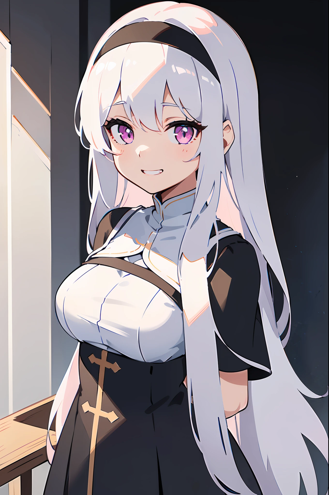 1girl, solo, (Appearance:, pure white hair:1.3, pink eyes, medium breasts, young girl, long hair, hair between eyes, wearing black nun clothes, nun), (Actions:, standing, looking at viewer, smiling, arms behind back, grin:1.2), (Scenery:, winter, royal palace, sharp focus, pacific, tranquil, close-up, portrait, beautiful face), sense of divinity and calmness, ((masterpiece, best quality, illustration))