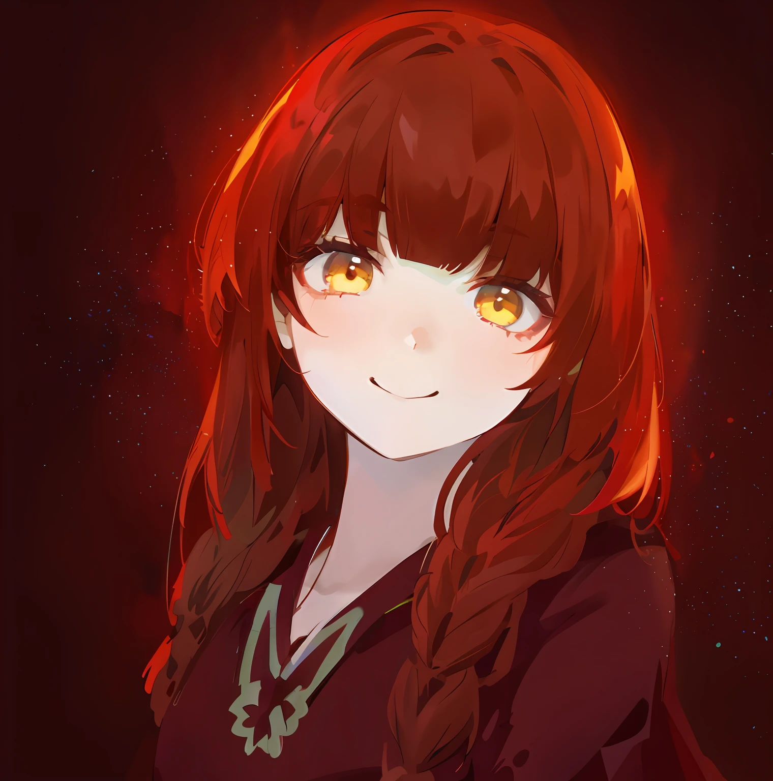 Anime girl with long red hair and yellow eyes, Anime style portrait, Cute anime girl portrait, glowing crimson head, cute anime girl portraits, portrait anime girl, anime moe art style, Portrait of an anime girl, Anime girl portrait, anime portrait, [[[[ssmile]]]], extremely cute anime girl face, portrait of cute anime girl，((ultra - detailed),#3b4195 background,(Watercolor texture), ((1girll),short detailed hair,adolable),Red hair, long braids, red cape, facing the camera,